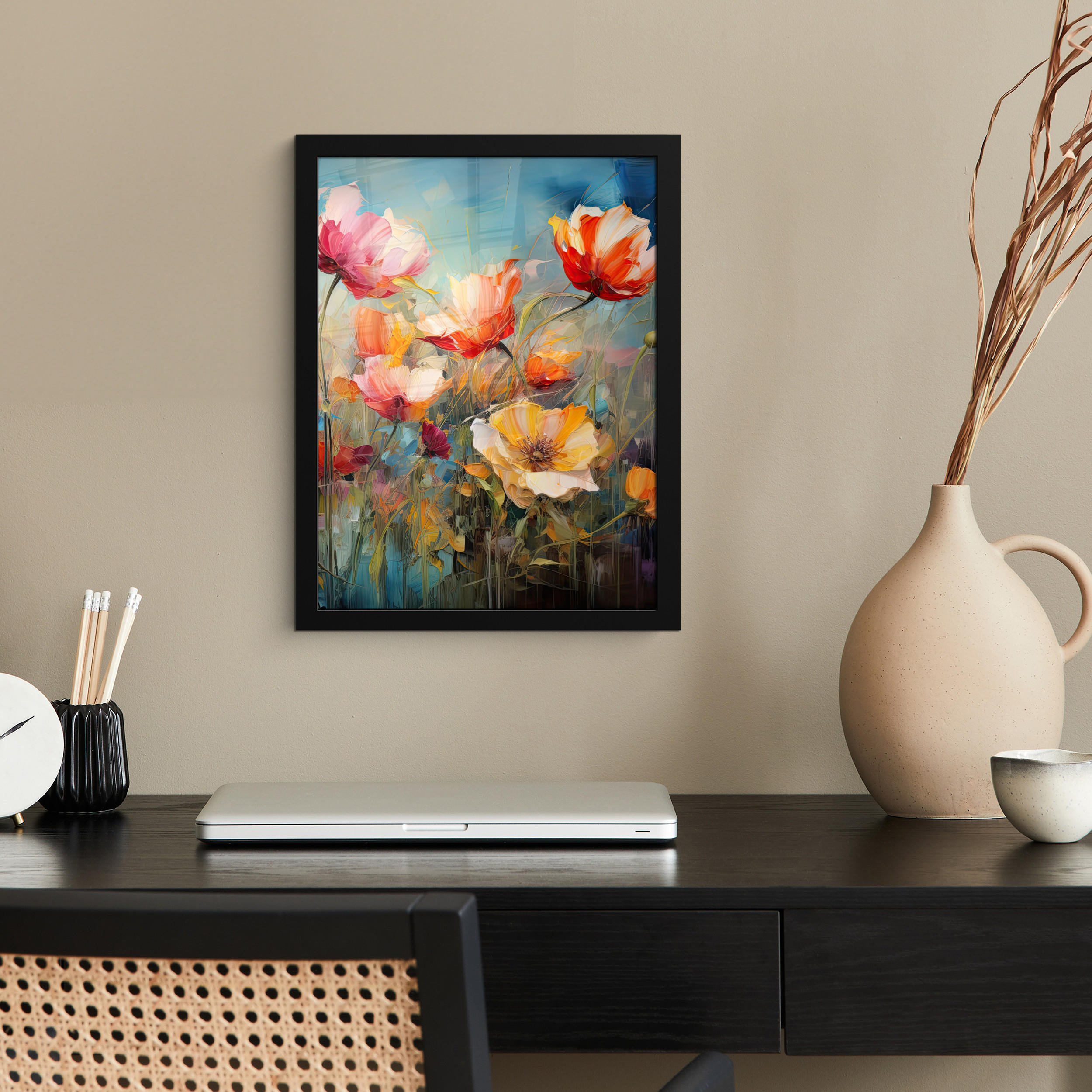 GERAHMTES BILD Blumen - Aquarell - Kunst - Botanisch - Natur 30x40 cm - Orange, Papier (30/40cm) - MuchoWow