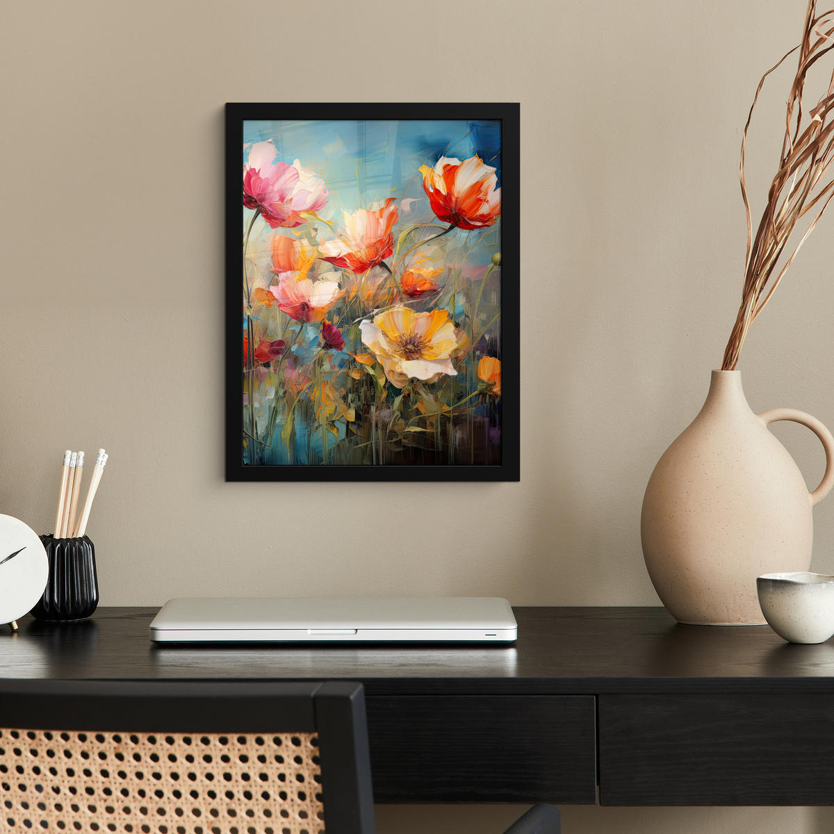 GERAHMTES BILD Blumen - Aquarell - Kunst - Botanisch - Natur 30x40 cm - Orange, Papier (30/40cm) - MuchoWow