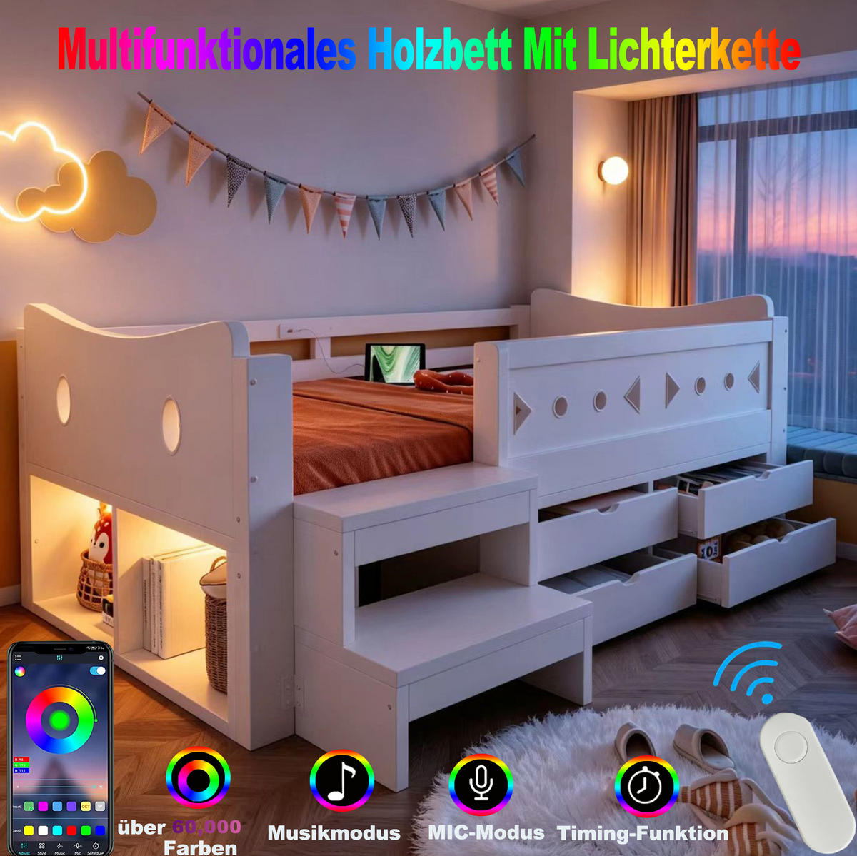 KINDERBETT Holz 90x200 cm Weiß mit Stauraum, Sicherheitsgittern, LED, USB- und Typ-C-Anschluss - Weiß, Holz (90/200cm) - Modfu