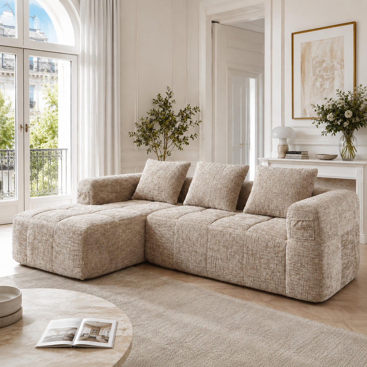 ECKSOFA 250/158/60 cm Khaki mit Seitentasche - Sandfarben, Textil (250/158cm) - Oxeza