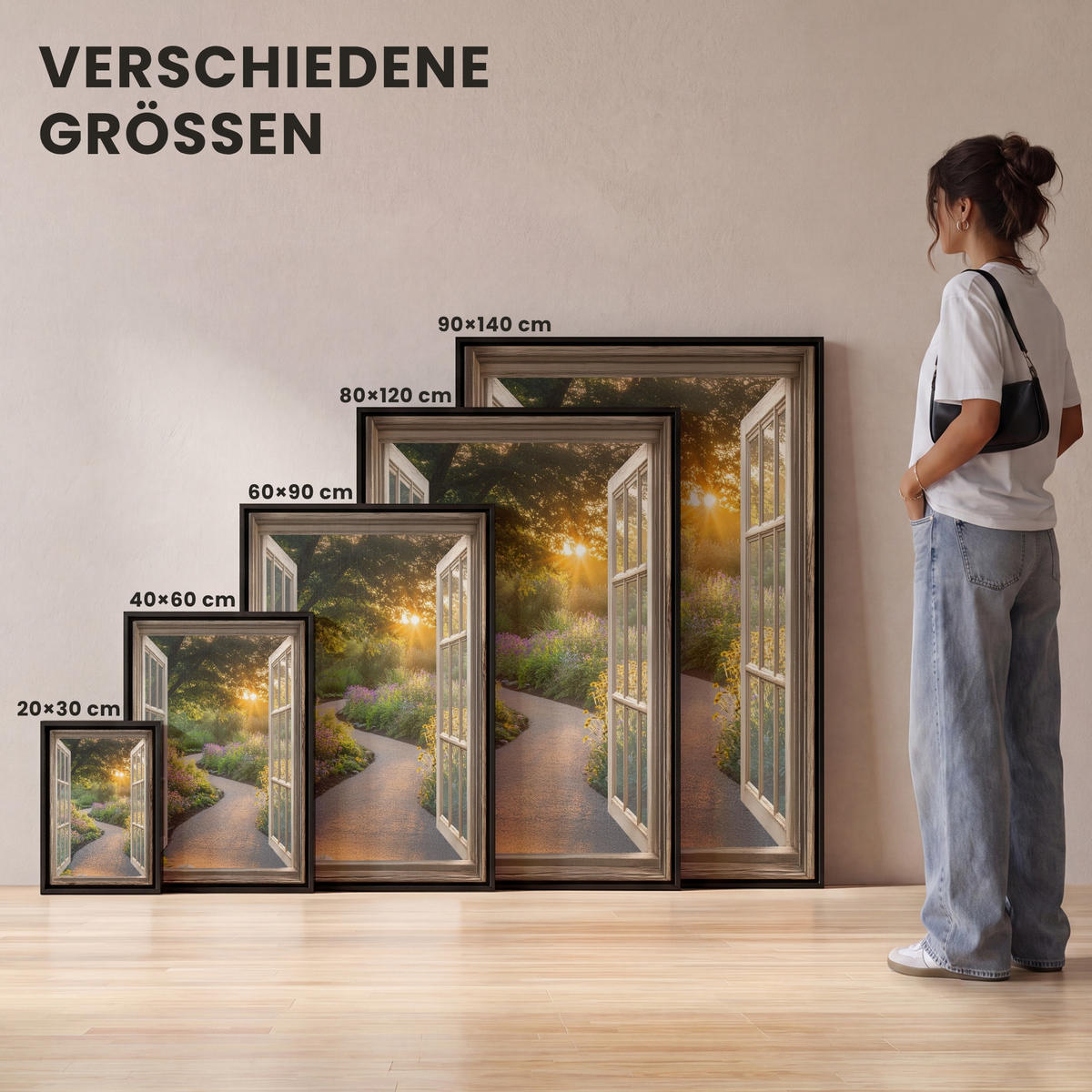 LEINWAND Bilder mit Rahmen - Aussicht - Blumen - Natur - Sonne - Weg - 20x30 - Hellgelb, Textil (20/30cm) - MuchoWow