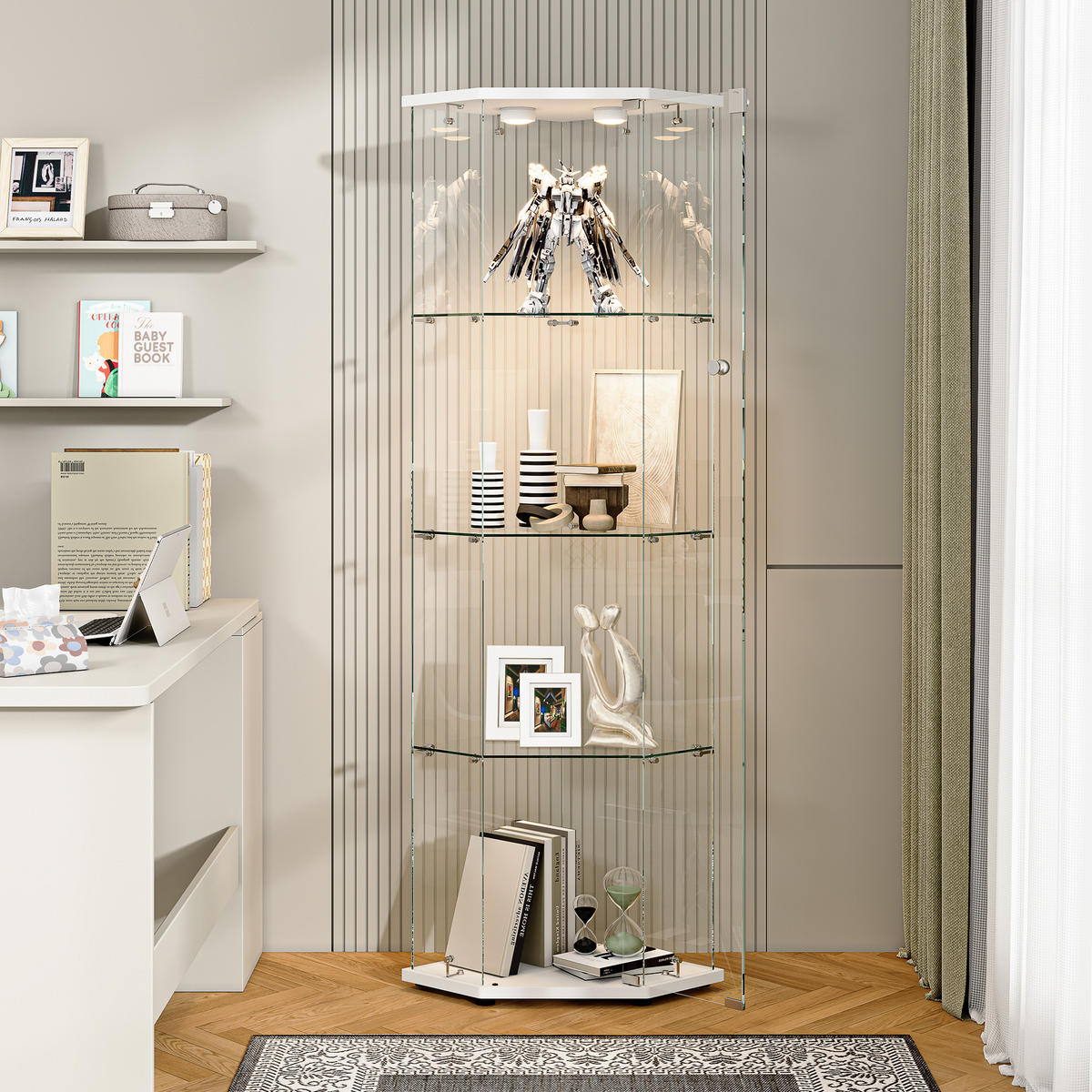VITRINE 4 Etagen, 1 Tür, LED-Touchlicht Sockel, Pentagon, Weiß - Weiß, Glas (60/160/40cm) - EuroLiving