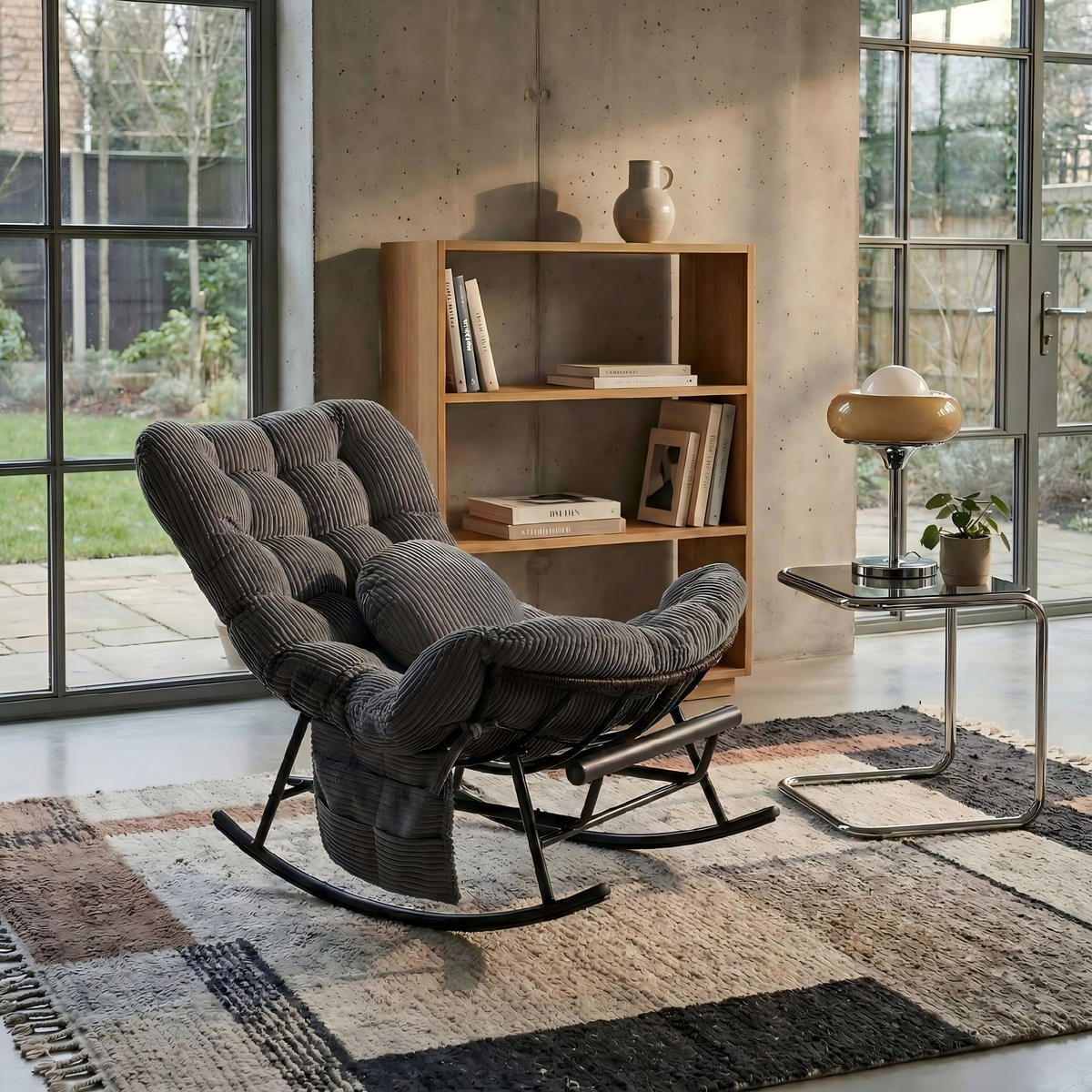 SCHAUKELSTUHL mit Fußstütze, Schaukelsessel XXL Rattanstuhl mit Kissen, Cord, Dunkelgrau - Dunkelgrau, Textil (90/78/150cm) - LVHOM