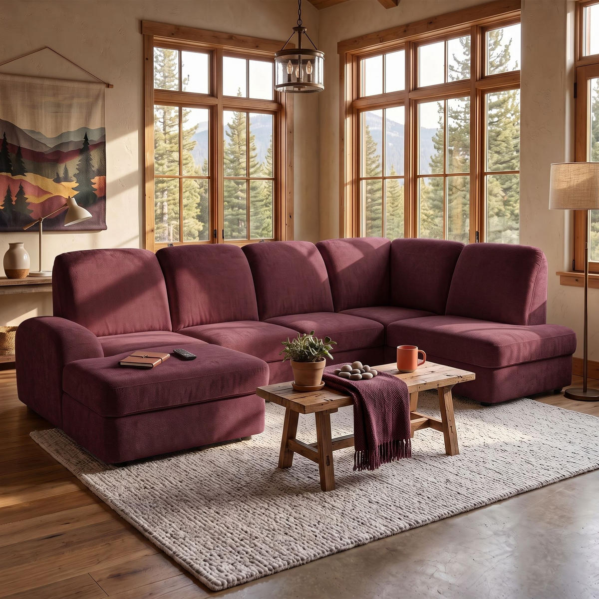 ECKSOFA VIBE U Rechts mit Schlaffunktion 129x263 Chenille Bordeaux - Bordeaux/Schwarz, Holz/Kunststoff (186/102/280cm) - Muffo