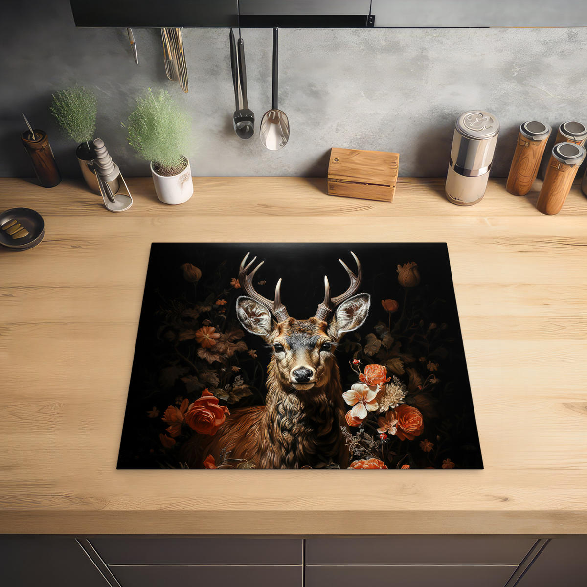 HERDABDECKPLATTE Hirsch - Tier - Blumen - Natur - Botanisch 58x51 cm - Kupferfarben, Kunststoff (58.3/0.2/51.3cm) - MuchoWow