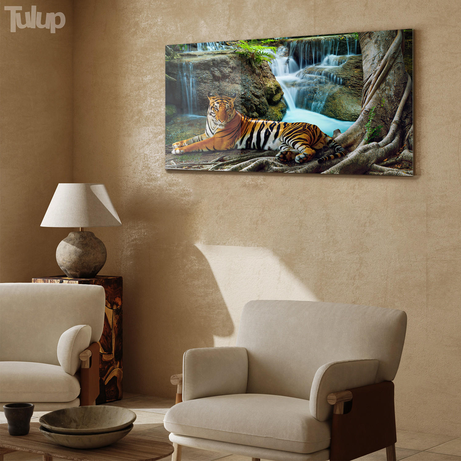 GLASBILD 120x60 cm Dschungelwasserfall - Naturfarben, Glas (120/60cm) - TULUP
