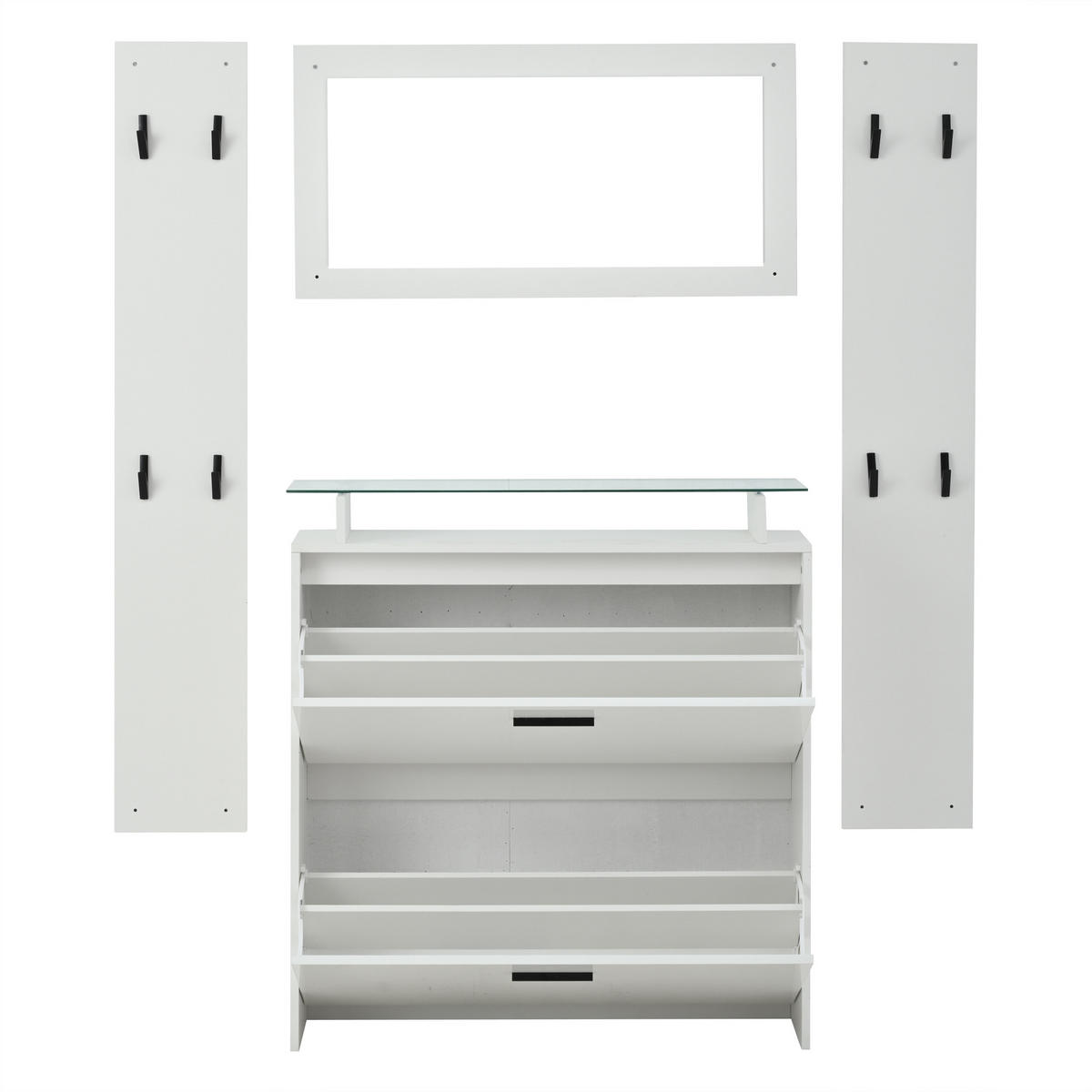 KOMPAKTGARDEROBE Spiegel Hochglanz Schuhschrank 8 Haken - Weiß, Holzwerkstoff (89.5/96.5/23cm) - FLIEKS