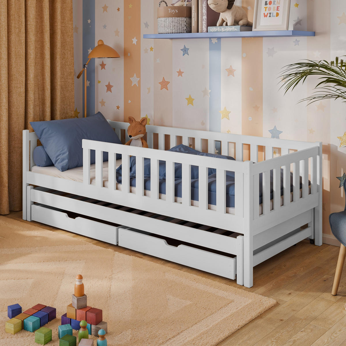 KINDERBETT mit Ausziehbett und zwei Schubladen 80x180 in weiß - Weiß, Holz - Kids Collective