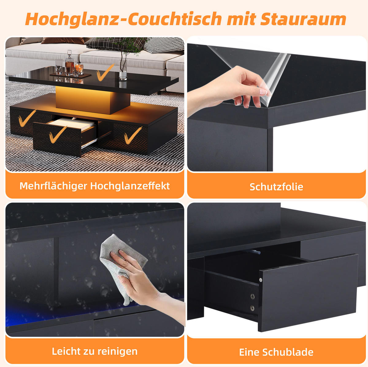 COUCHTISCH 100/50/39 cm schwarz aus Spanplatte mit LED-Licht und Stauraum - Schwarz, Holzwerkstoff (100/50/39cm) - OKMYHOME