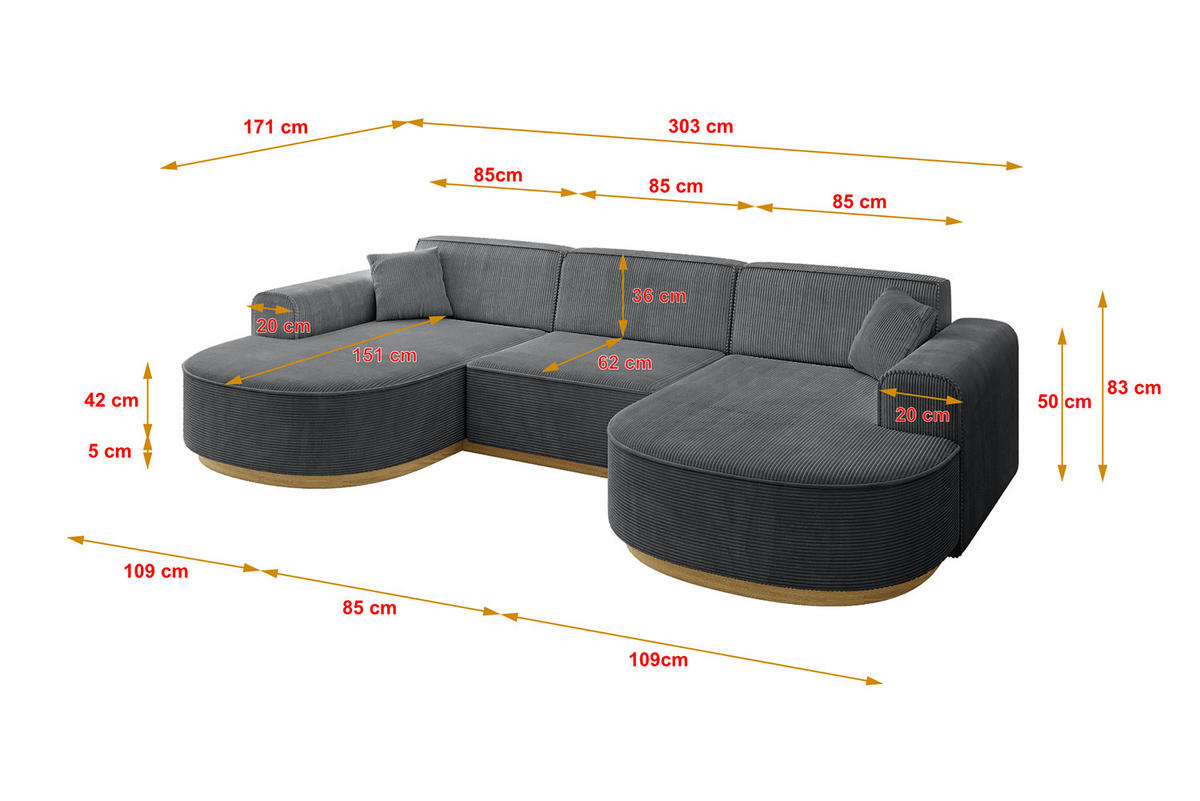 WOHNLANDSCHAFT MARI-U1-v2 - 303x171x83 cm Dunkelgrau Cord - Dunkelgrau, Holzwerkstoff/Textil (303/83/171cm) - ALTDECOR