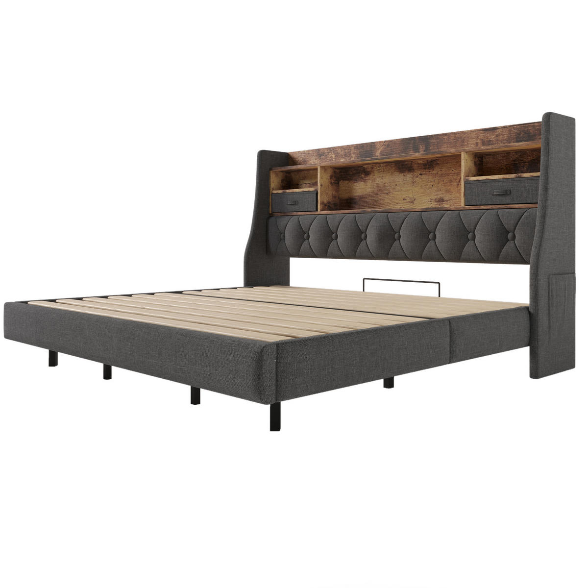 POLSTERBETT aus Leinen 180x200 cm in Grau mit LED & Ladestation - Grau, Textil (180/200cm) - Modfu