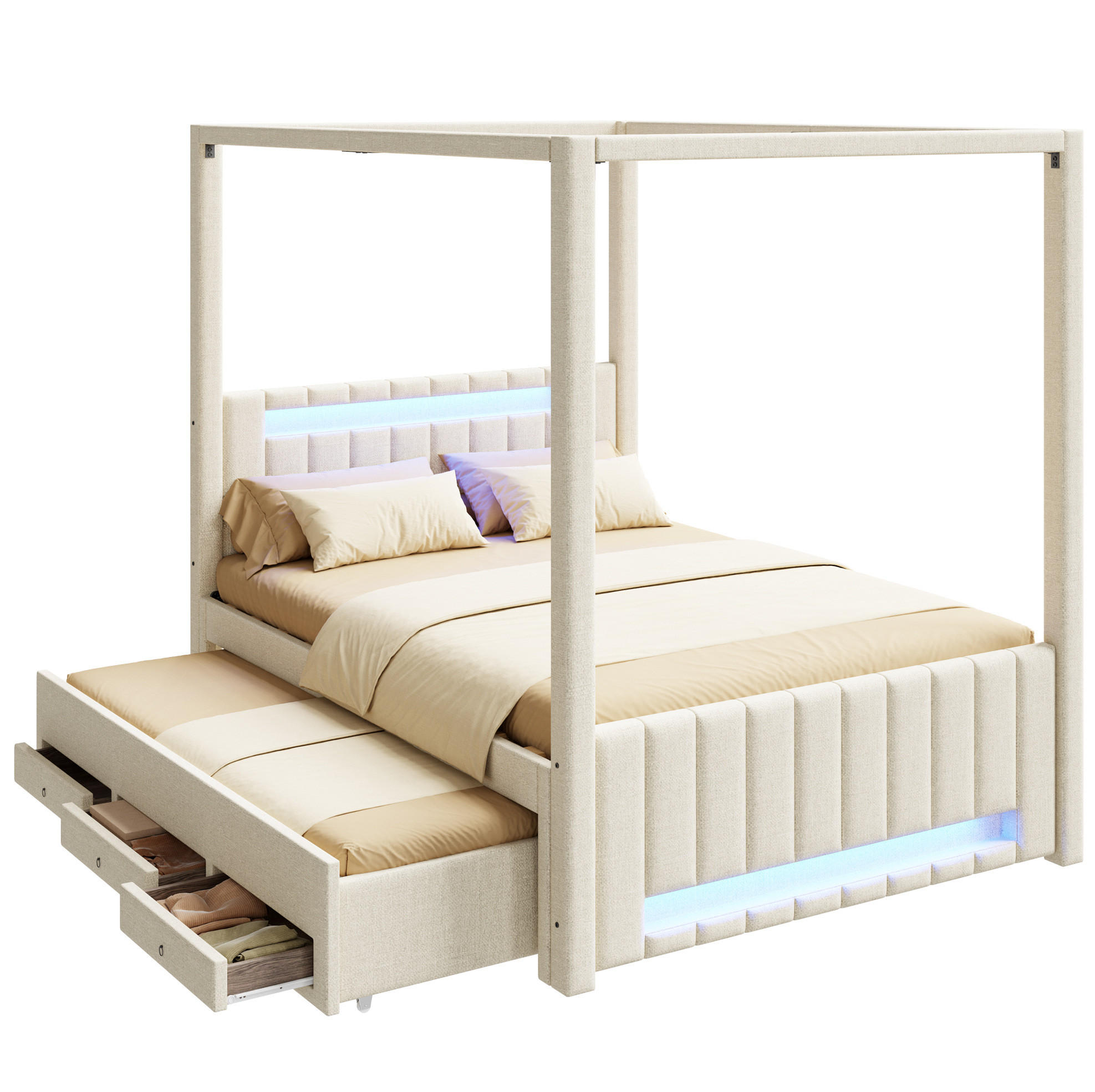 POLSTER-HIMMELBETT 140/200 cm mit Ausziehbett, 3 Schubladen und LED-Beleuchtung, Beige - Beige, Textil (140/200cm) - Redom