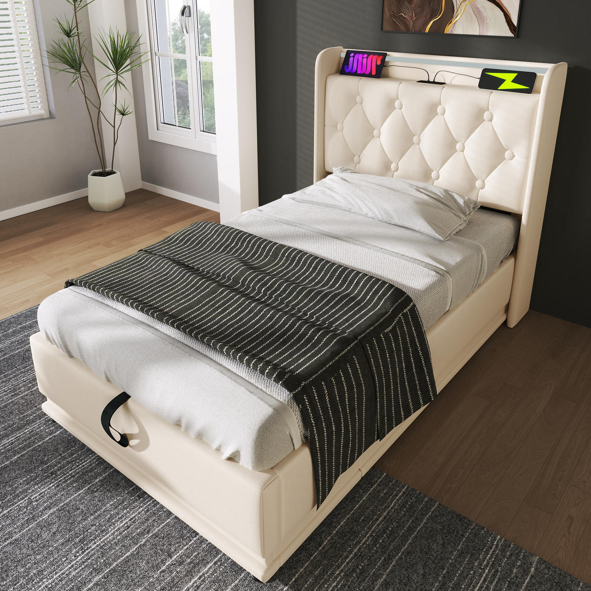 POLSTERBETT mit LED und Stauraum 90x200 cm PU Weiß mit Matratze - Weiß, Metall (90/200cm) - Meubliv