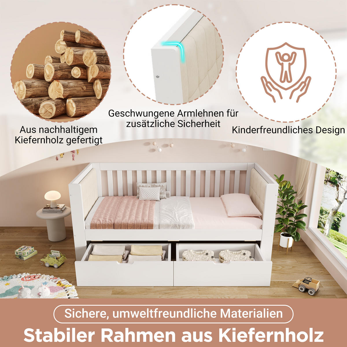 POLSTERBETT 90/190 cm mit 2 Schubladen, gepolsterter Rückenlehne und Lattenrost, Holz, Weiß - Weiß, Textil (90/190cm) - Redom