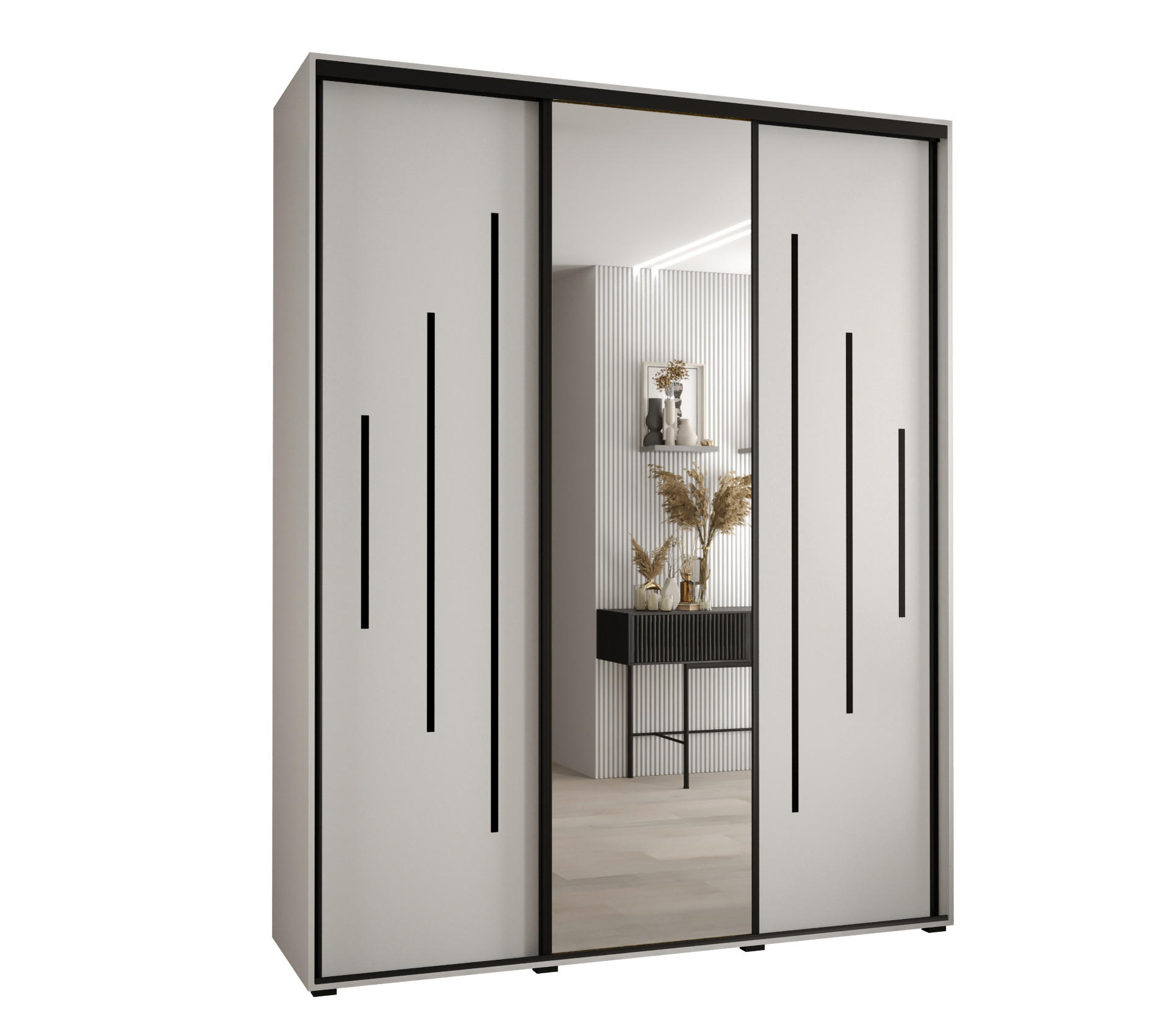 Abiks Möbel Schwebetürenschrank Weiß, Weiß, Schwarz 200x235x60 cm