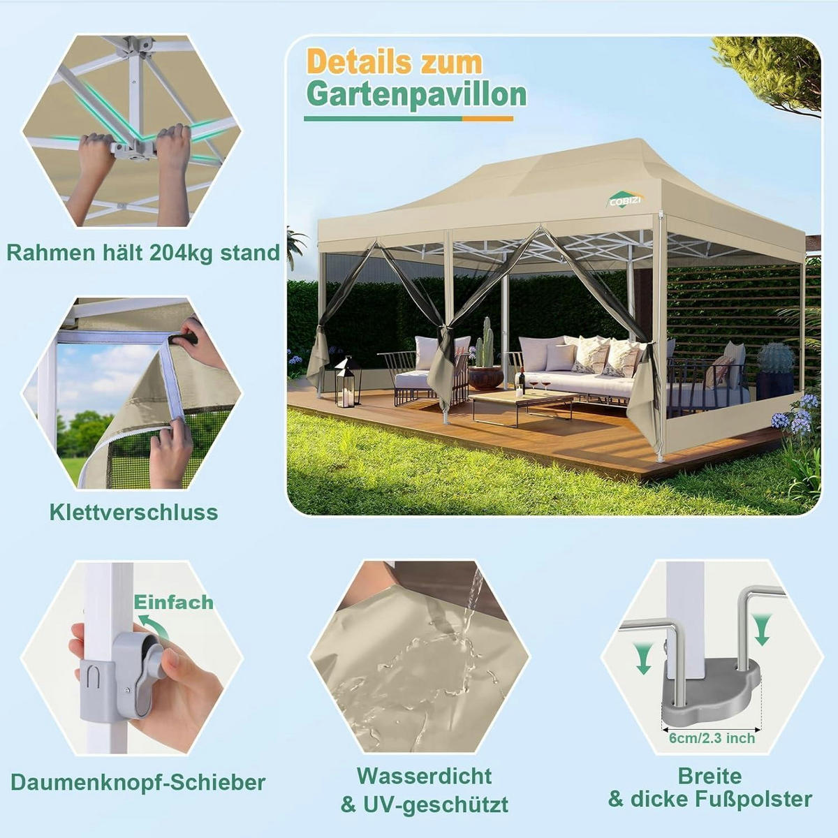 FALTPAVILLON 3 x 6 m mit Moskitonetz Khaki - Beige, Textil (300/275/600cm)