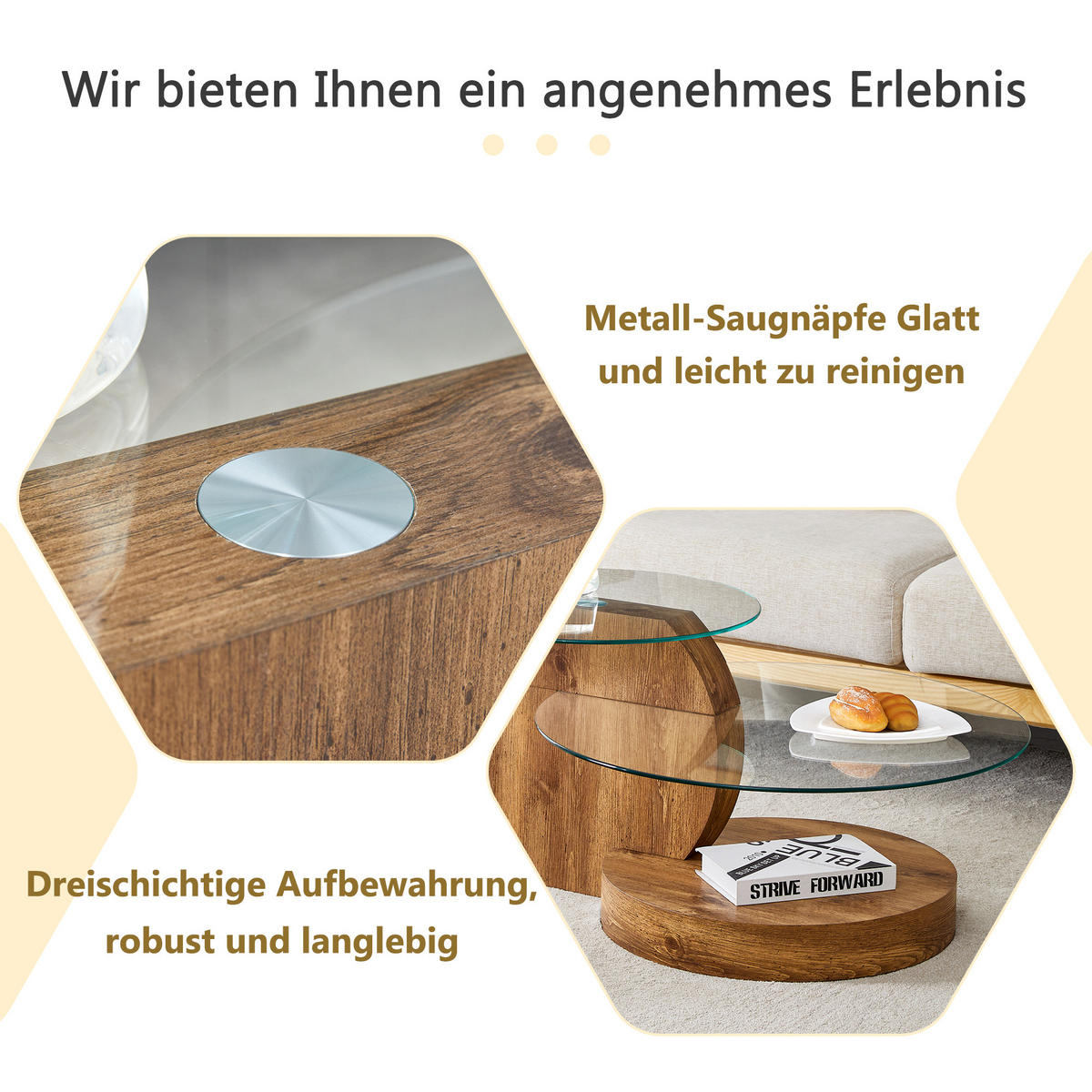 COUCHTISCH in Naturfarbe Wohnzimmertisch mit zwei Ebenen aus Sicherheitsglas für Wohnzimmer, B90/T70/H44 cm - Transparent/Naturfarben, Glas/Holzwerkstoff (89.9/89.9/43.2cm) - STILVORA
