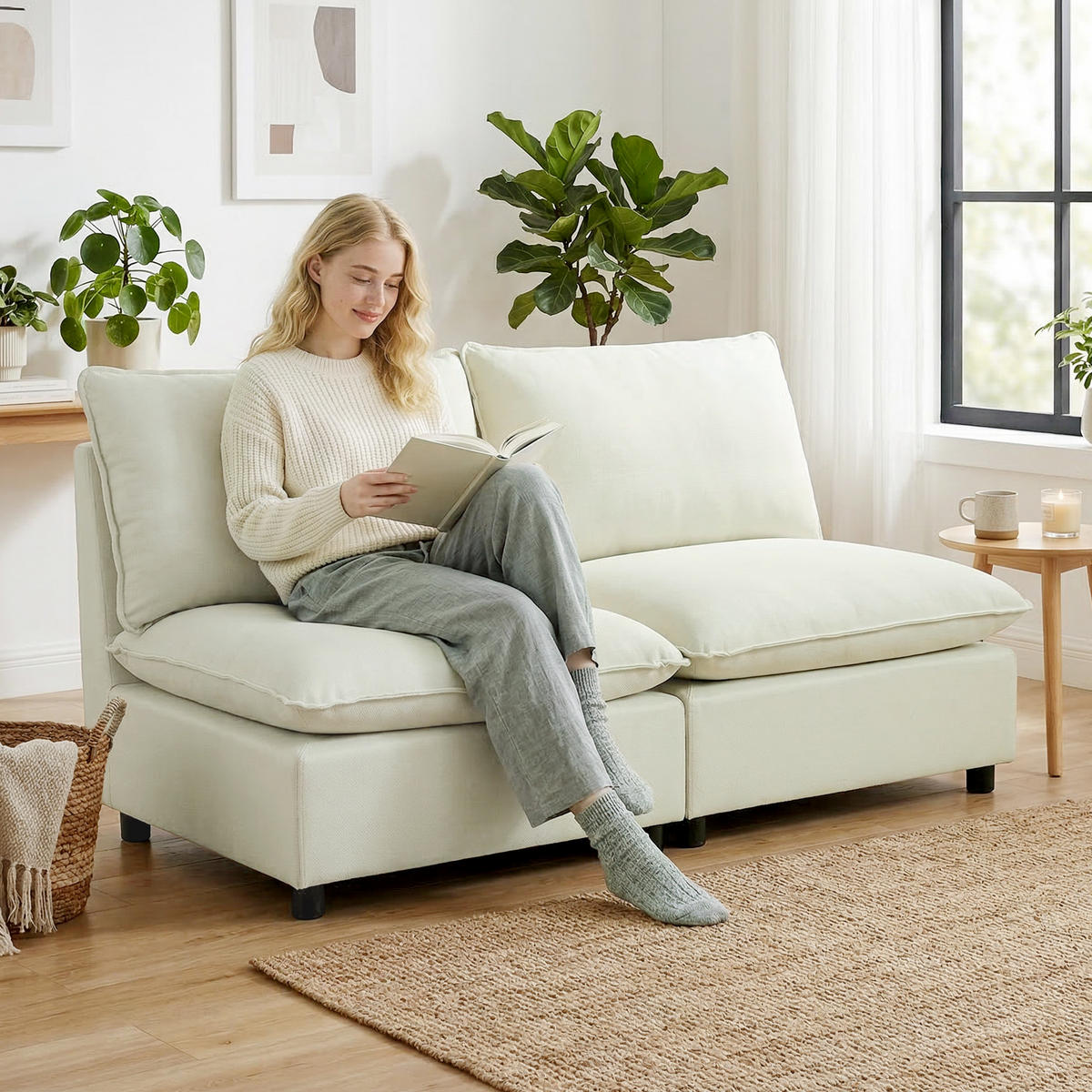 SOFA, 2-Sitzer, modular, ohne Armlehnen, cremefarben, 146cm - Multicolor, Holzwerkstoff (146/78/85cm) - FORIOUS