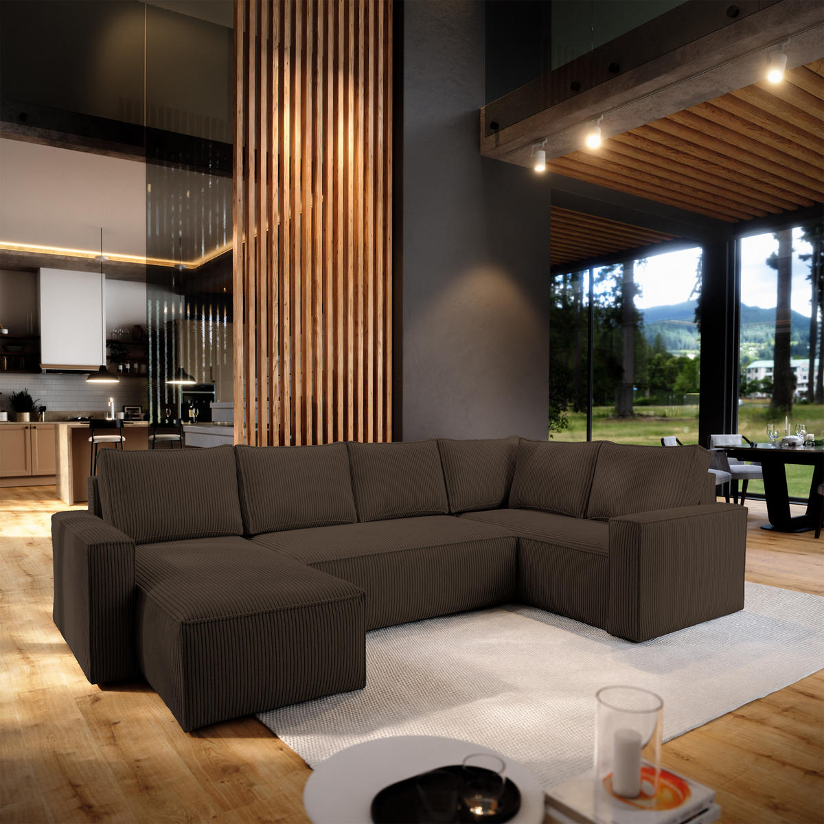 WOHNLANDSCHAFT NORENA R-S Braun Kordstoff mit Schlaffunktion - Braun, Holz (295/85/157.5cm) - MASSENO