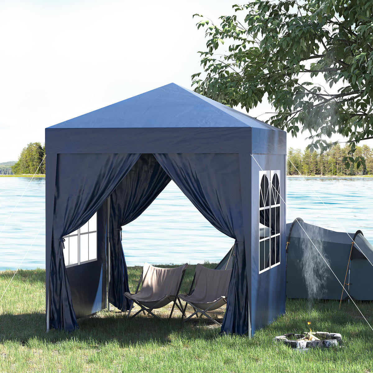 PAVILLON DE-07479 mit 4 abnehmbaren Seitenwänden, 2x2 m Blau - Blau, Textil/Metall (200/240/200cm) - ComfortXL
