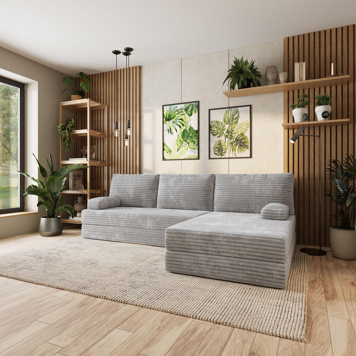 ECKSOFA ANKO modulares Boneless Sofa mit Schlaffunktion Hellgrau Kordstoff - Grau, Textil (270/160cm) - MASSENO
