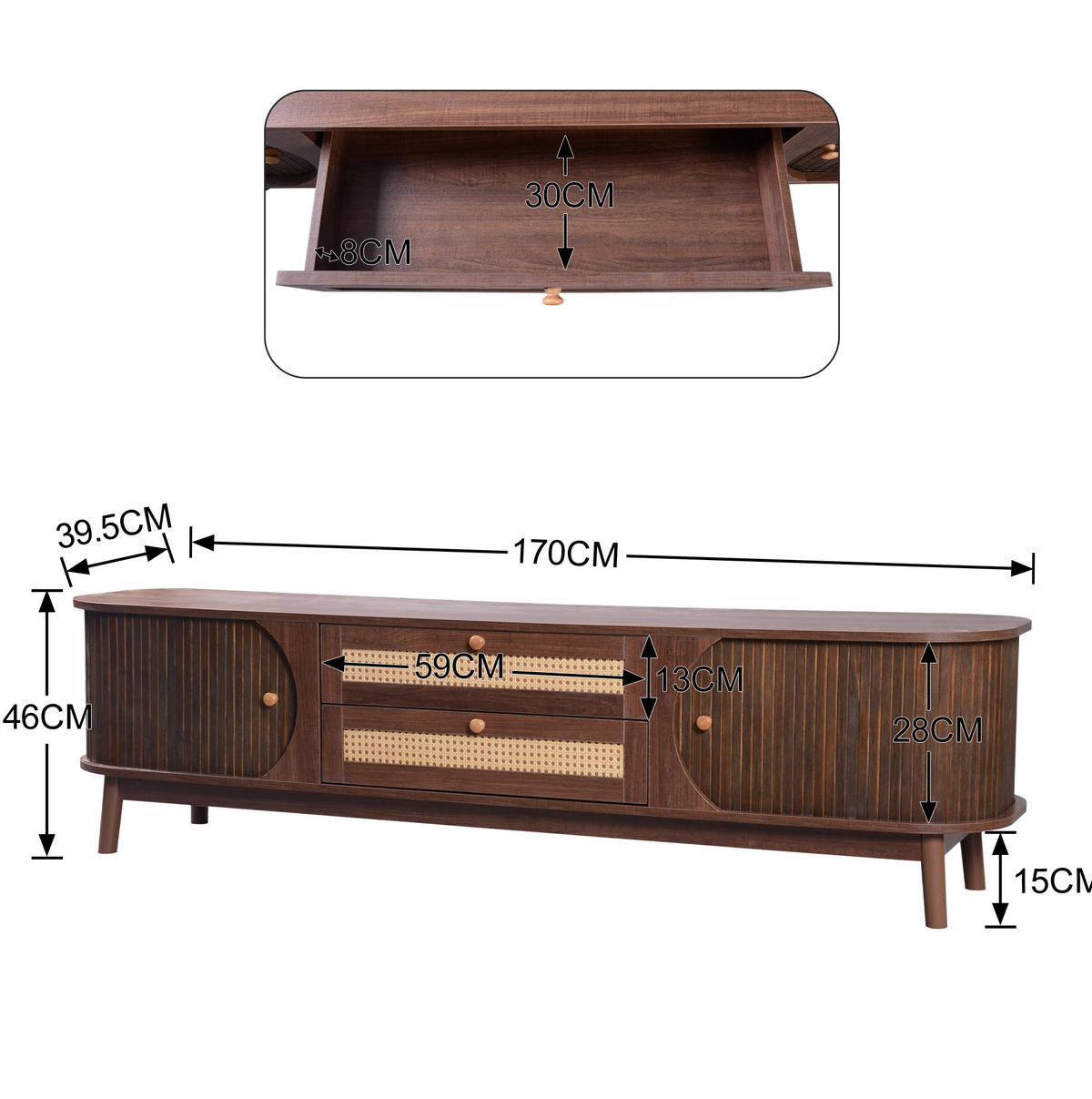 TV ormarić 170/39,5/46 cm prirodna boja drva od MDF-a i masivnog drva s vratima i ladicama od ratana - prirodne boje, drvni materijal (170/46/39.5cm) - OKWISH