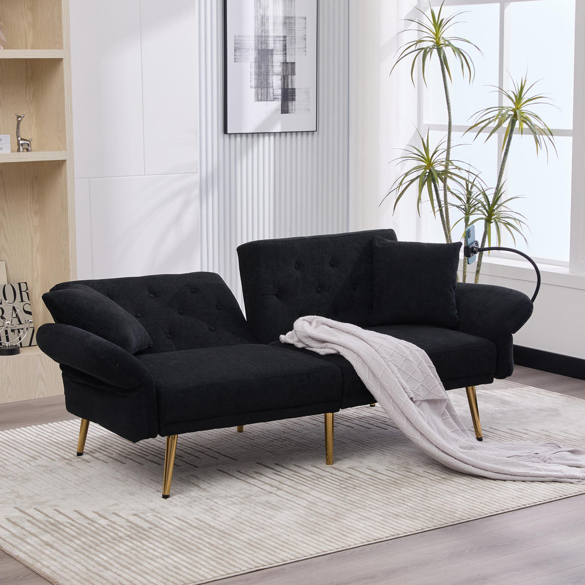 2-SITZER-SOFAMIT zwei USB-Anschlüssen, Handyhalterung, verstellbarer Rückenlehne und Metallfüßen – Schwarz - Schwarz, Textil (78/78/173cm) - KOMHTOM