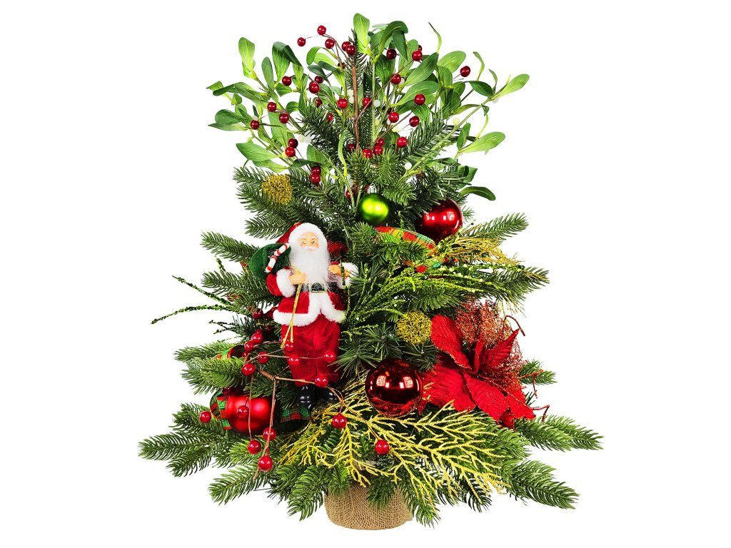 WEIHNACHTSBAUM künstlicher 60 cm mit LED-Beleuchtung, SANTA II, mit 26 Weihnachtsbaumschmuck, Pflanztopf mit Jutesack - Rot/Goldfarben, Kunststoff/Stein (40/60cm) - LAALU