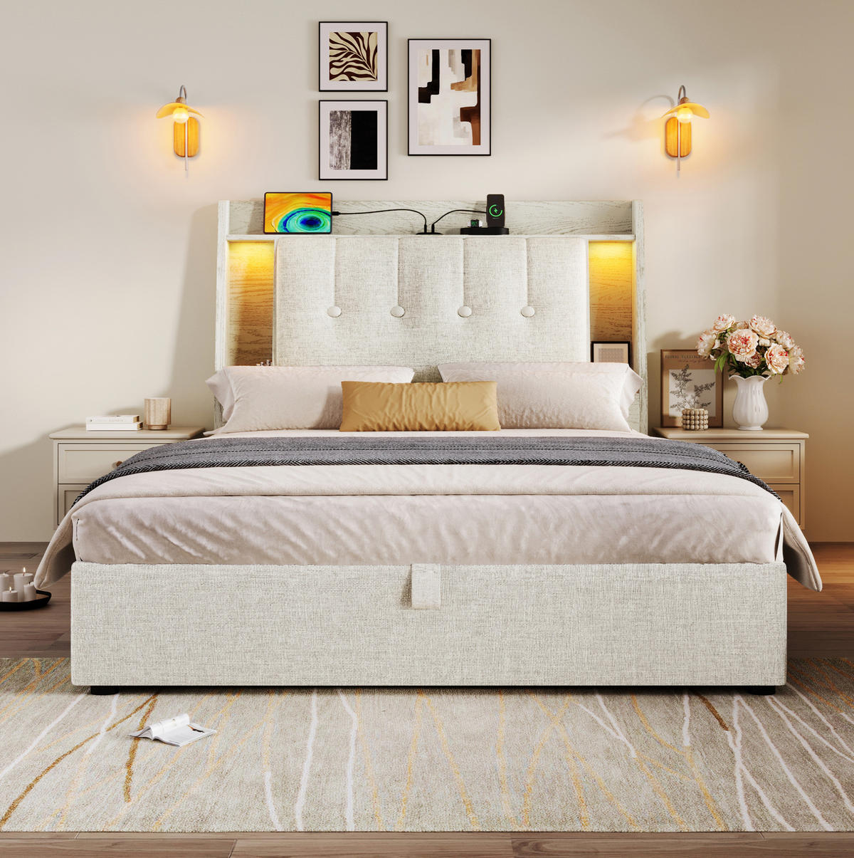 POLSTERBETT 90/200 cm Beige mit USB- und Type-C-Anschlüssen und LED-Beleuchtung - Beige, Textil (90/200cm) - OKWISH