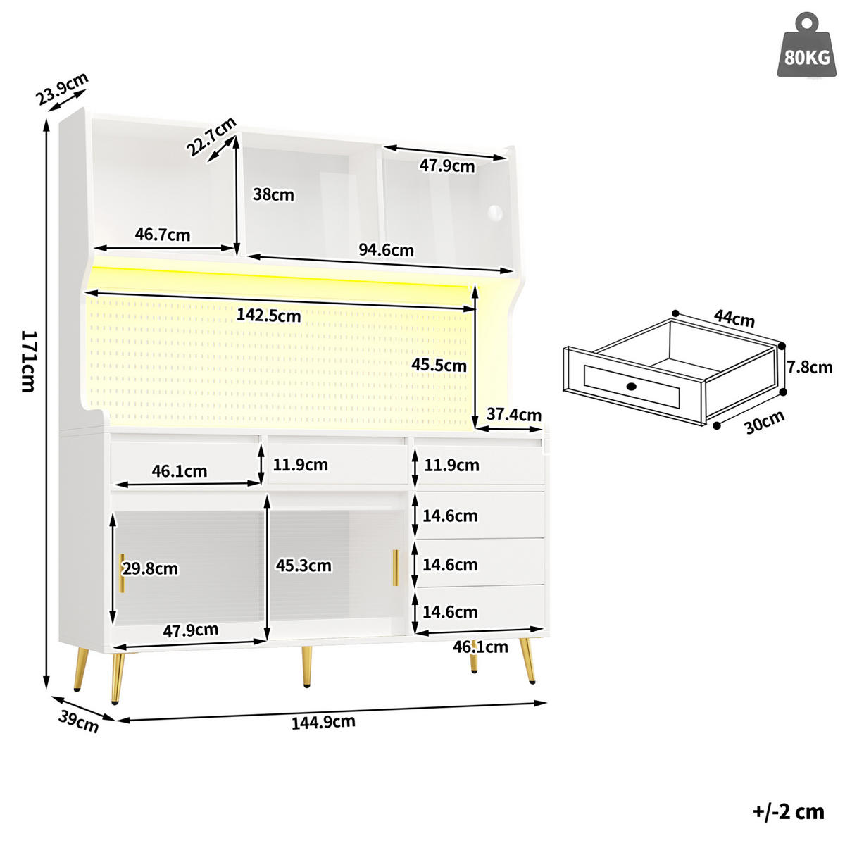 BUFFET 145/171/39 cm Weiß aus MDF und Glas mit LED-Beleuchtung - Weiß, Holzwerkstoff (39/171/145cm) - OKMYHOME