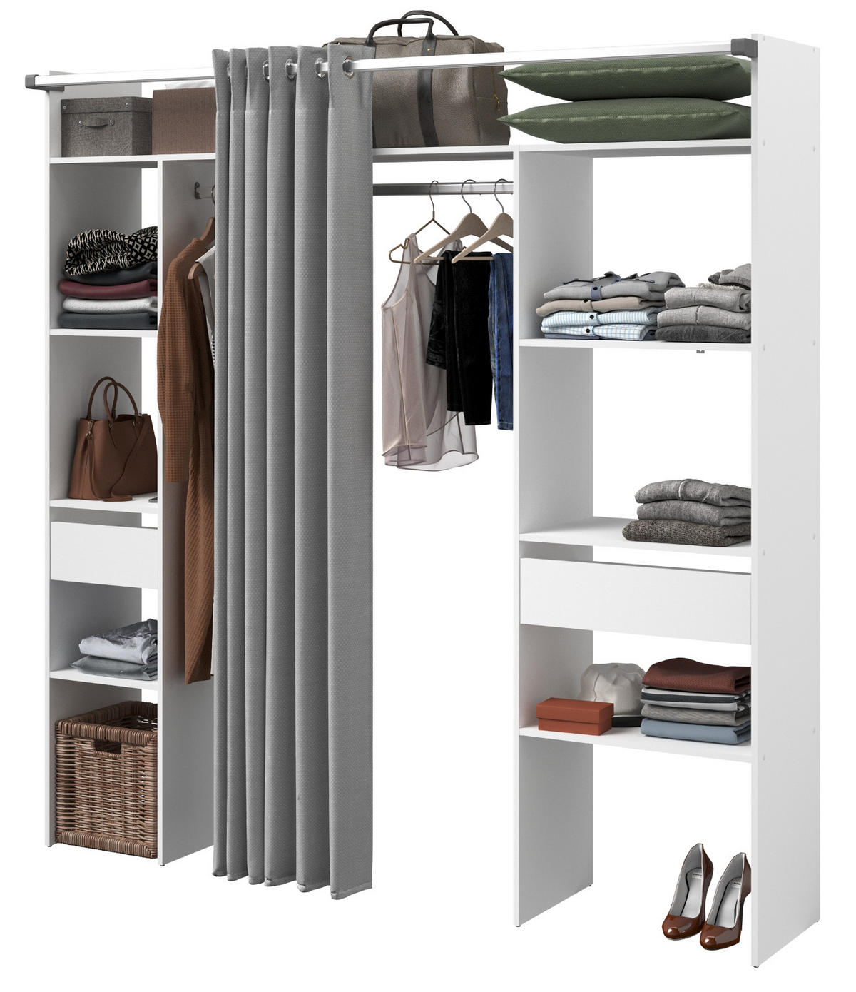 KLEIDERSCHRANK weiß, grau, Mehrzweckschrank 198 cm mit Vorhang - Weiß/Grau, Holzwerkstoff/Textil (198/203/40cm) - Parisot Meuble