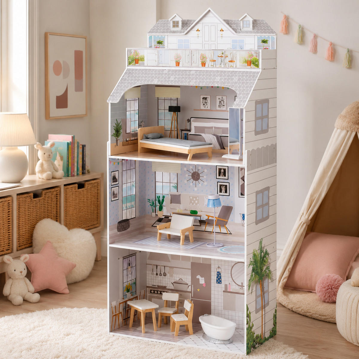 PUPPENHAUS Deluxe aus Holz, Grau, 132cm - Grau, Holzwerkstoff (30/132/61cm) - Teamson Kids