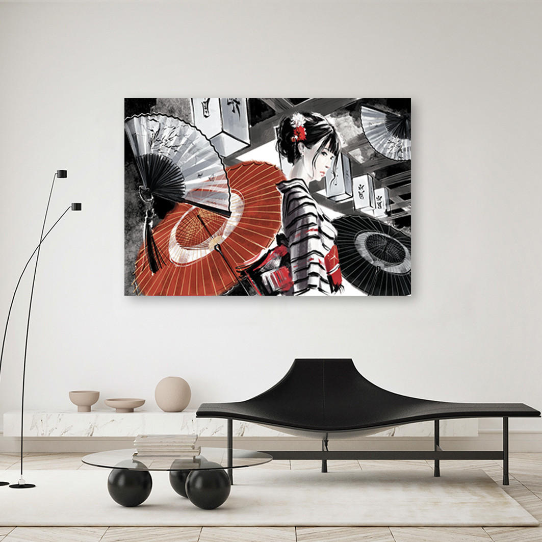 WANDBILD geisha mit einem fan - Schwarz, Textil (60/40cm) - Feeby