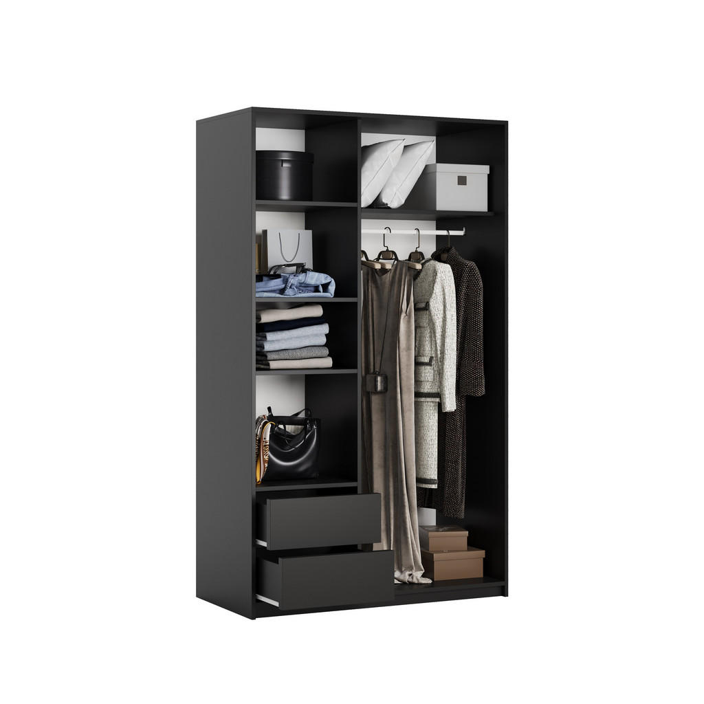 Thumbnail - Masseno Schwebetürenschrank, Schwarz, Holzwerkstoff, 5 Fächer, 2 Schubladen, Rechteckig, 120x205x60 cm, Schlafzimmer, Kl...