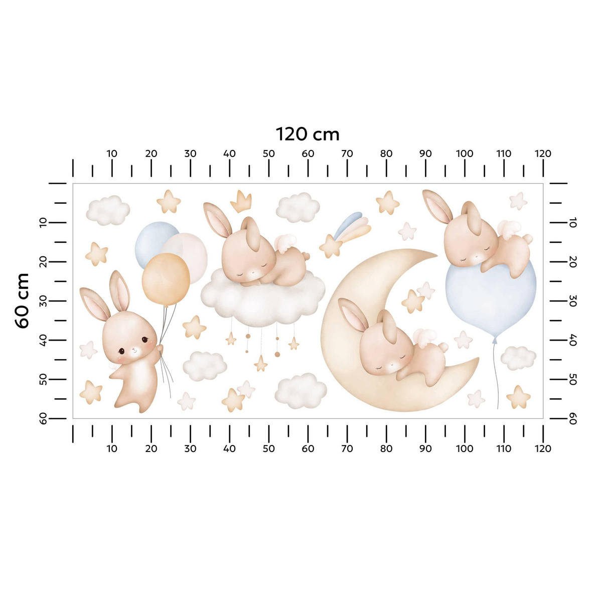 WANDSTICKER Kaninchen Wolken Sterne Ballons 120x60 - Gelb/Beige, Papier (120/60/1cm) - Muralo