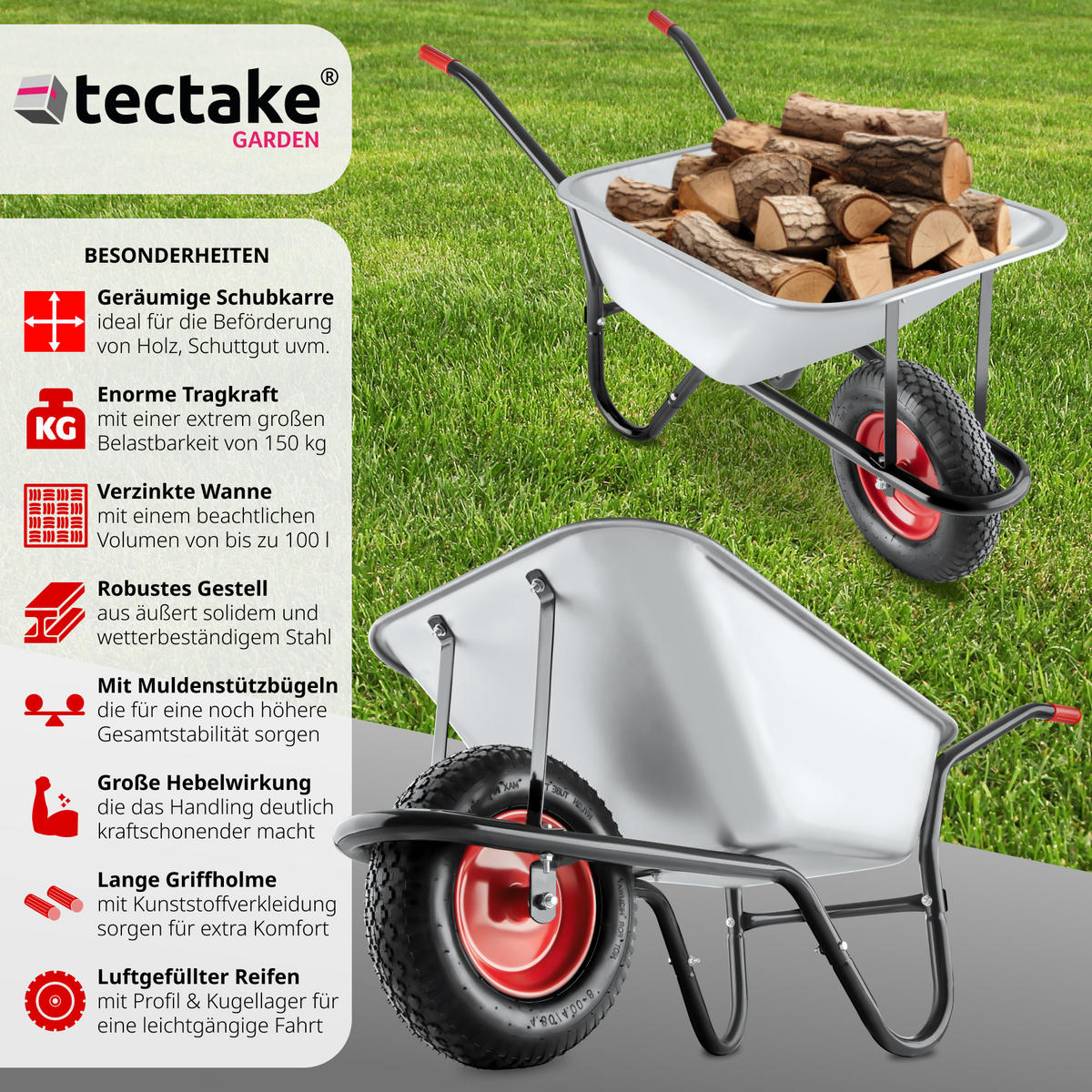 SCHUBKARRE Oskar,Belastbarkeit 150 kg,silber - Silberfarben, Metall (57/66/146cm) - tectake