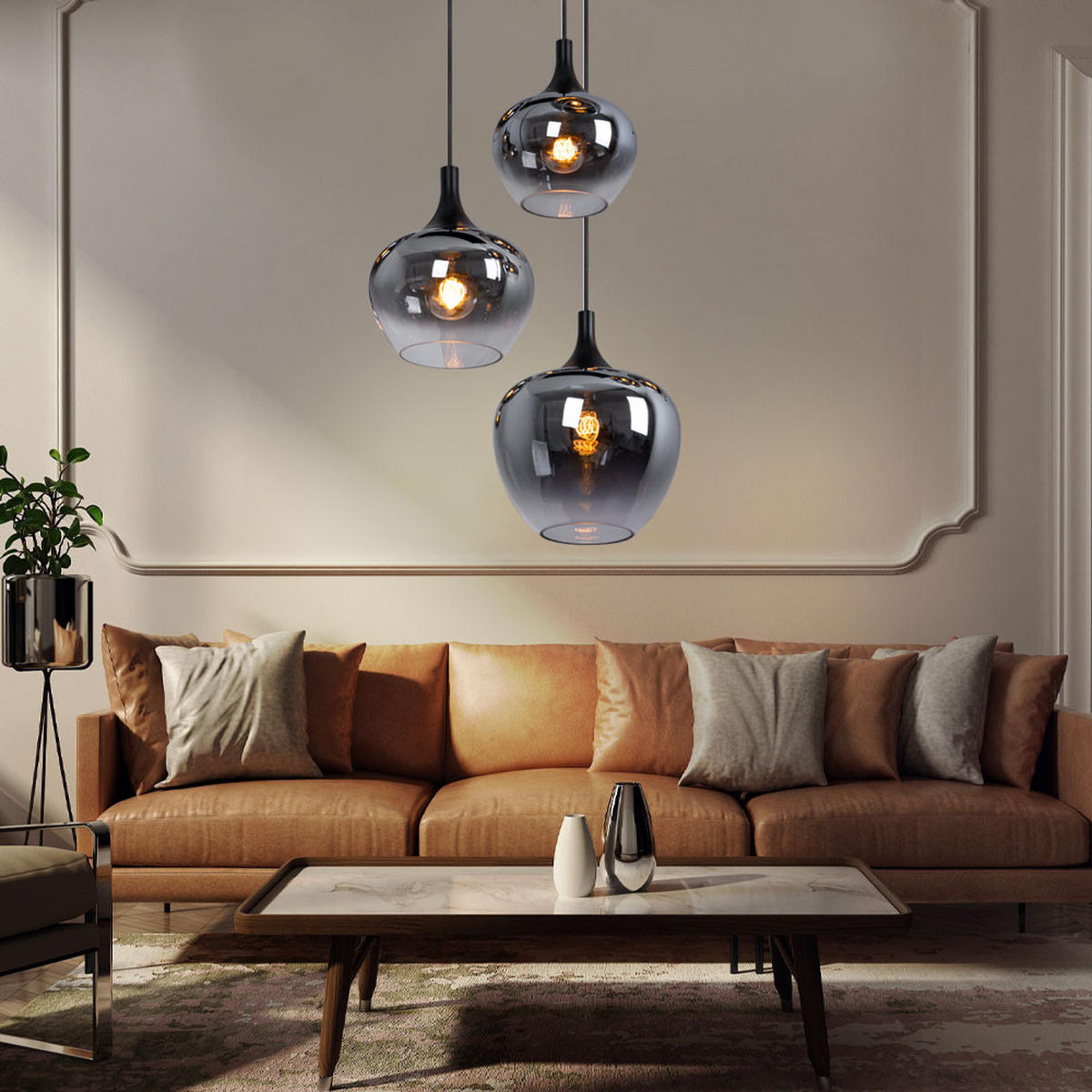 HÄNGELEUCHTE Metall Rauchfarben 3-flammig - Schwarz, Glas (48/48/120cm) - Globo Lighting