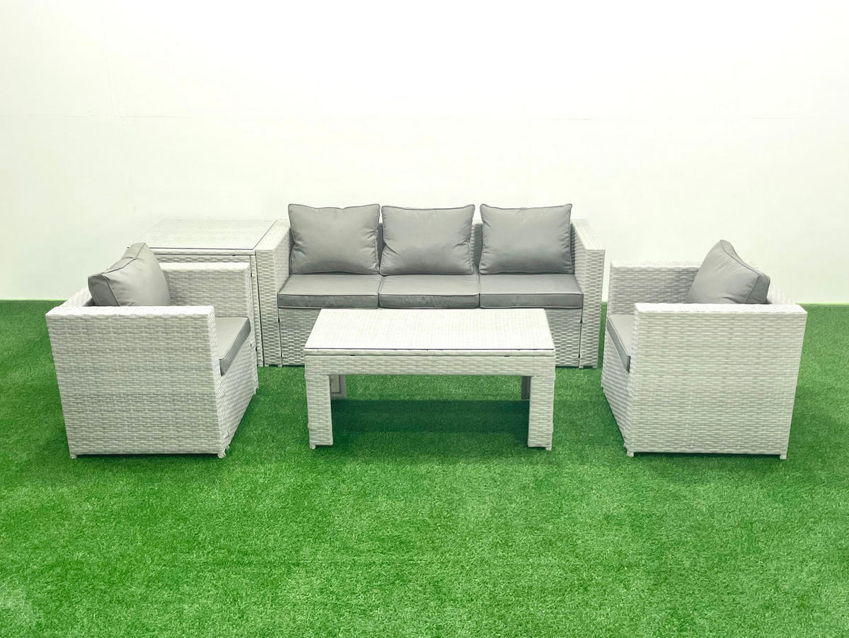 GARTENSET mit 3-SITZER SOFA,COUCHTISCH Polyrattan Hellgrau-Mix 5-Sitzer - Hellgrau/Grau, Glas/Kunststoff - Fimous