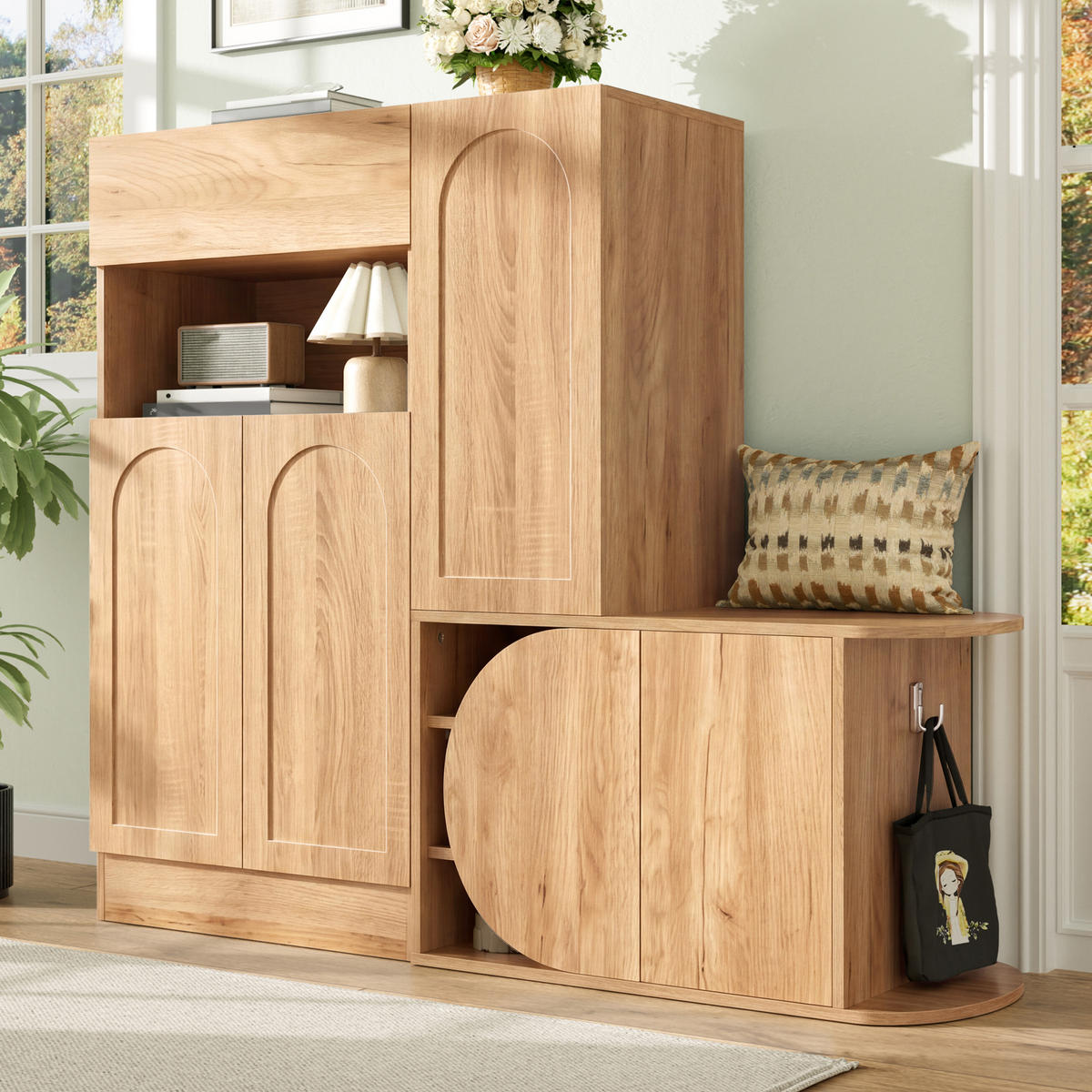 SCHUHSCHRANK mit Sitzbank 5 Türen Stauraum Natur Modern - Naturfarben, Holzwerkstoff (130/110.5/35cm) - FLIEKS
