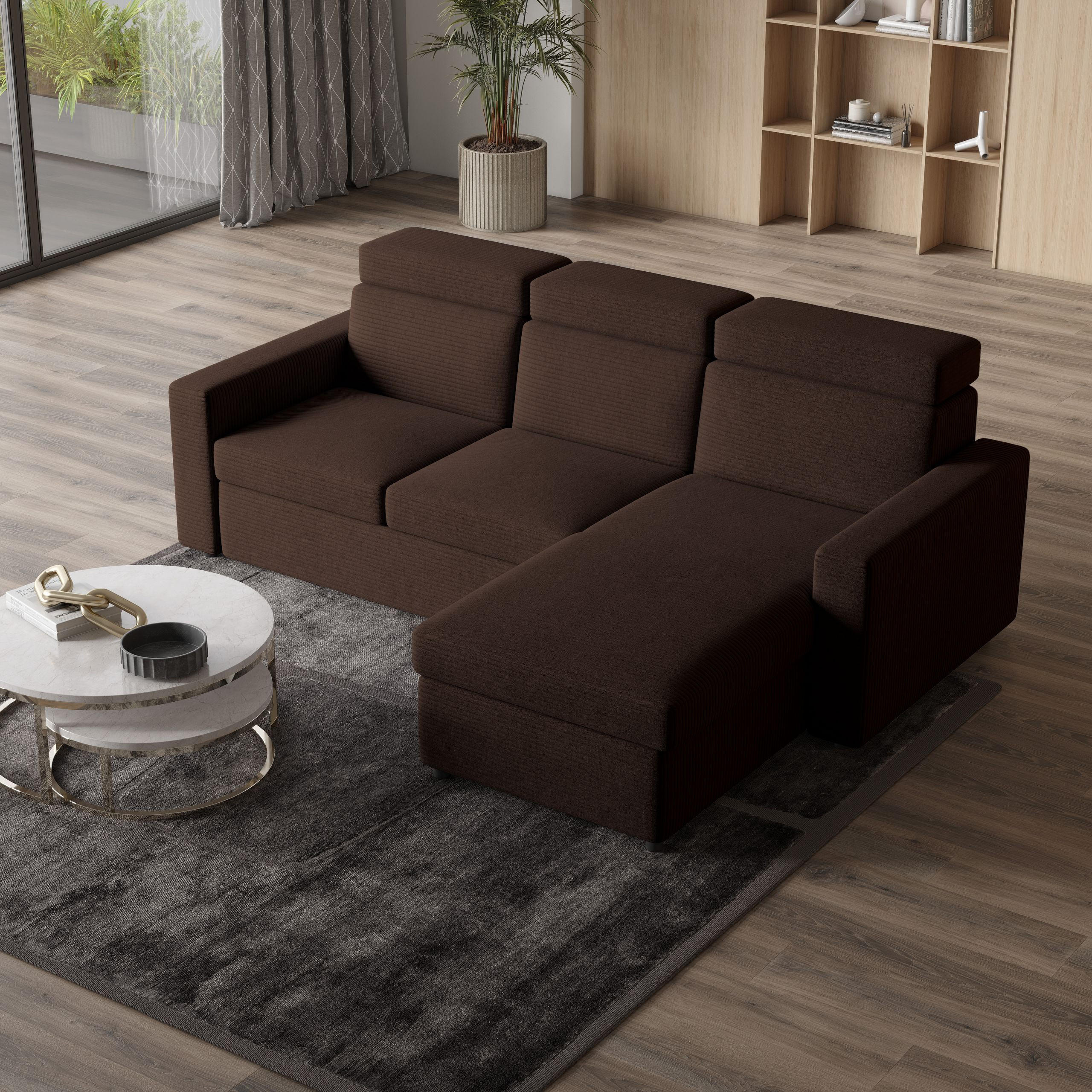 ECKSOFA PADWA Braun Kordstoff mit Schlaffunktion - Braun, Holz (227/168cm) - MASSENO
