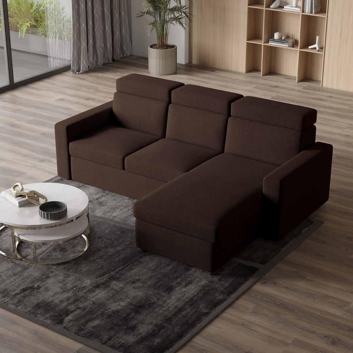 ECKSOFA PADWA Braun Kordstoff mit Schlaffunktion - Braun, Holz (227/168cm) - MASSENO