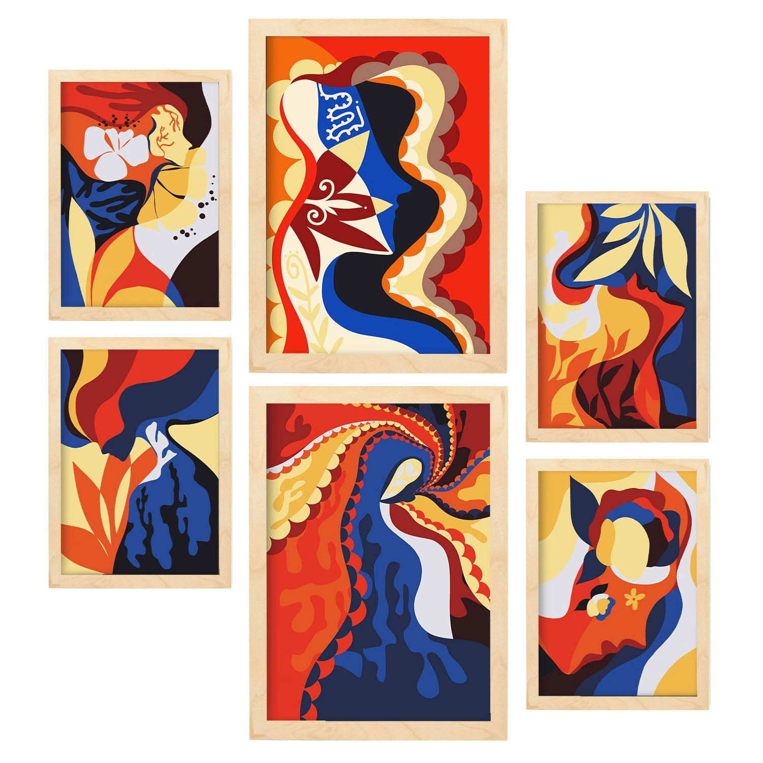 POSTER Set Mit 6 Rococo Arts 2 In Weibliche Zusammenfassung Ästhetische Dekorative Gemälde Für Ihr Wohnzimmer Zuhause A3 & A4 Rahmen Aus Hellem Holz - Beige, Papier (29/3cm) - Nacnic