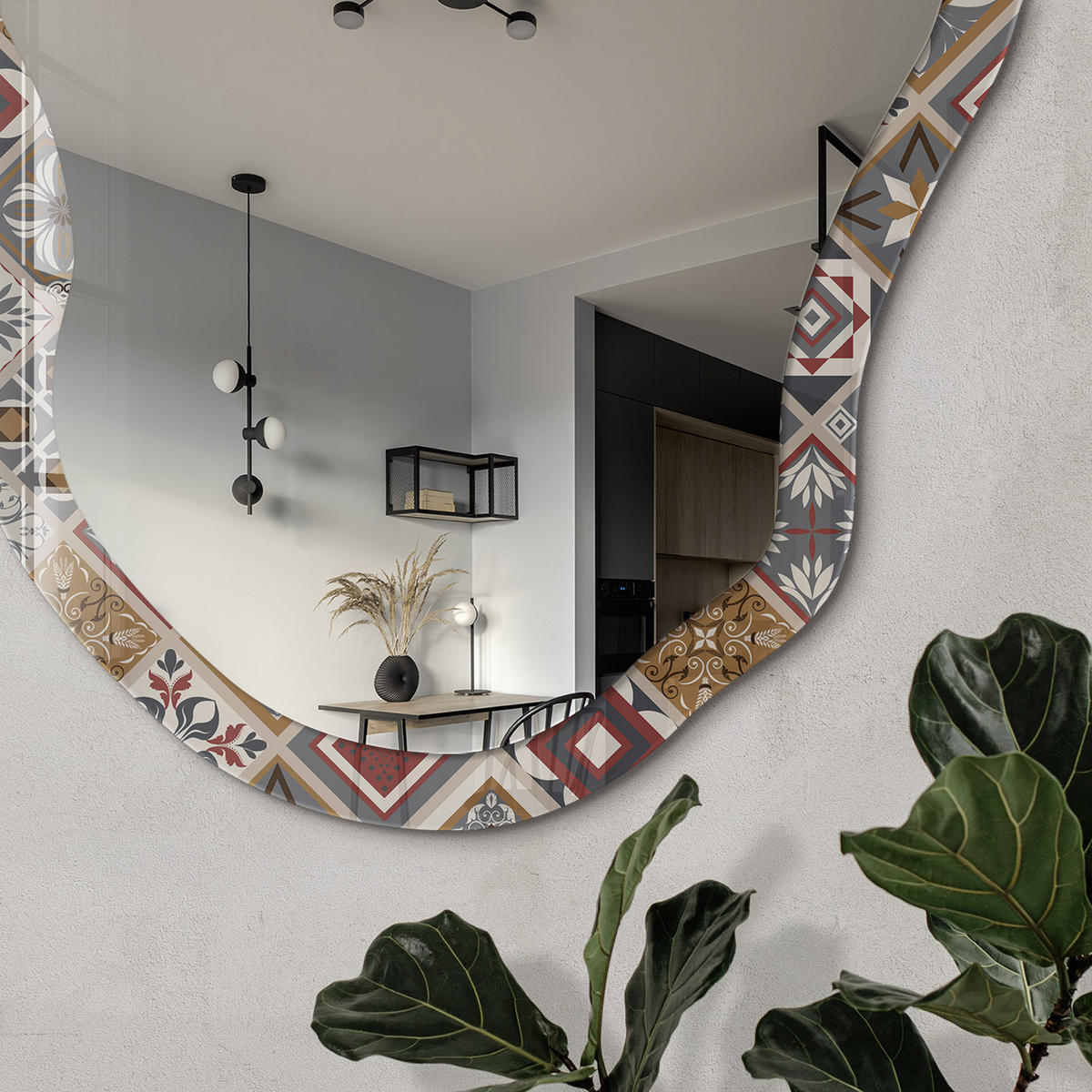 SPIEGEL 90x45 cm asymmetrisch mit Druck - Gemustertes Mosaik - Transparent, Glas (45/90/0.4cm) - TULUP