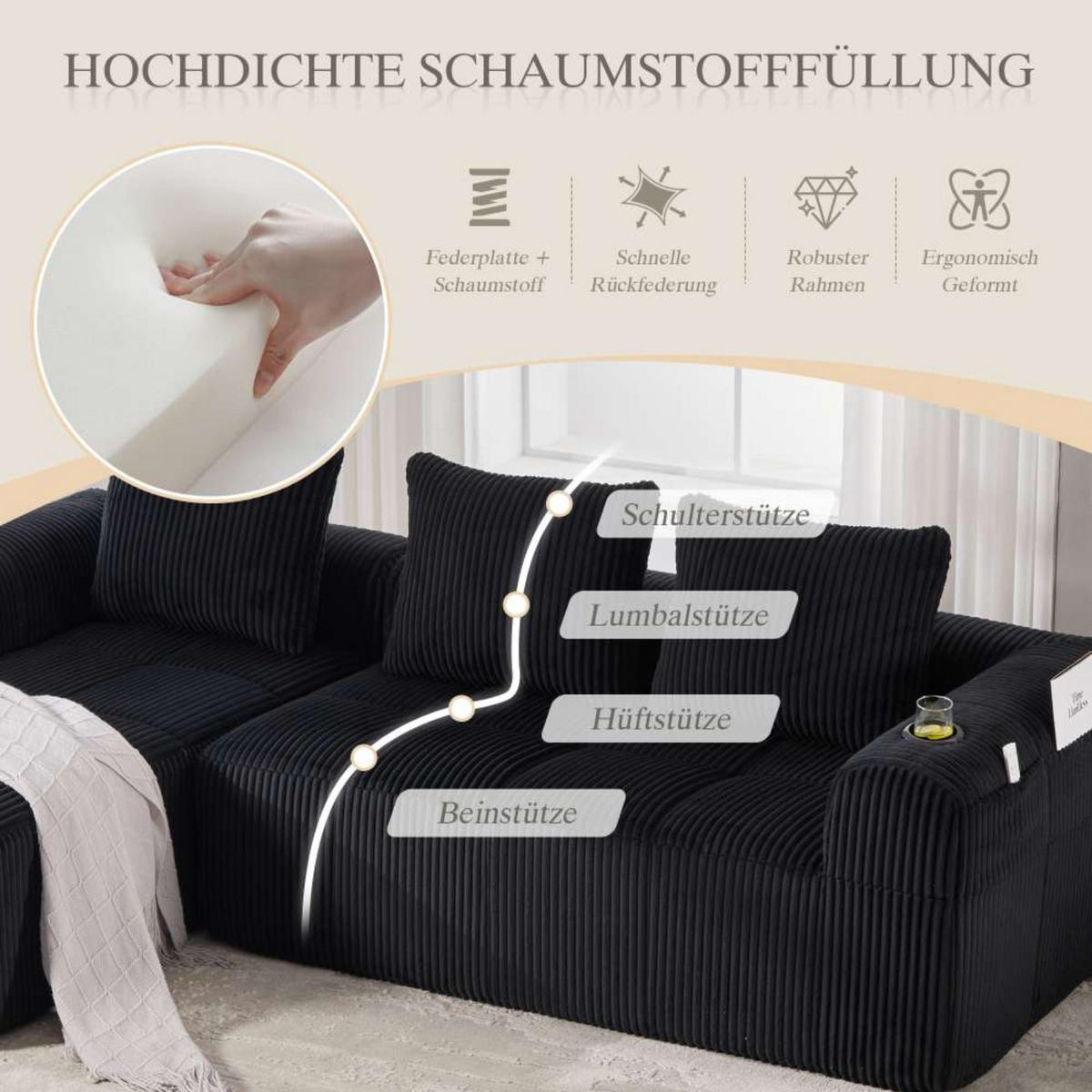 ECKSOFA mit Seitentasche und Getränkehalter, inkl. Kissen, Schwarz - Schwarz, Textil (253/61/158cm) - Kaket