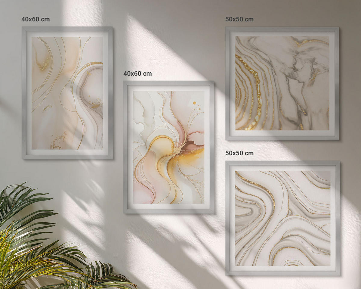 WANDBILDER 4er Set - 50x50 cm & 40x60 cm Silberner Rahmen - Abstrakte warme Muster - Silberfarben, Kunststoff (50/50cm) - ArtPrintCave