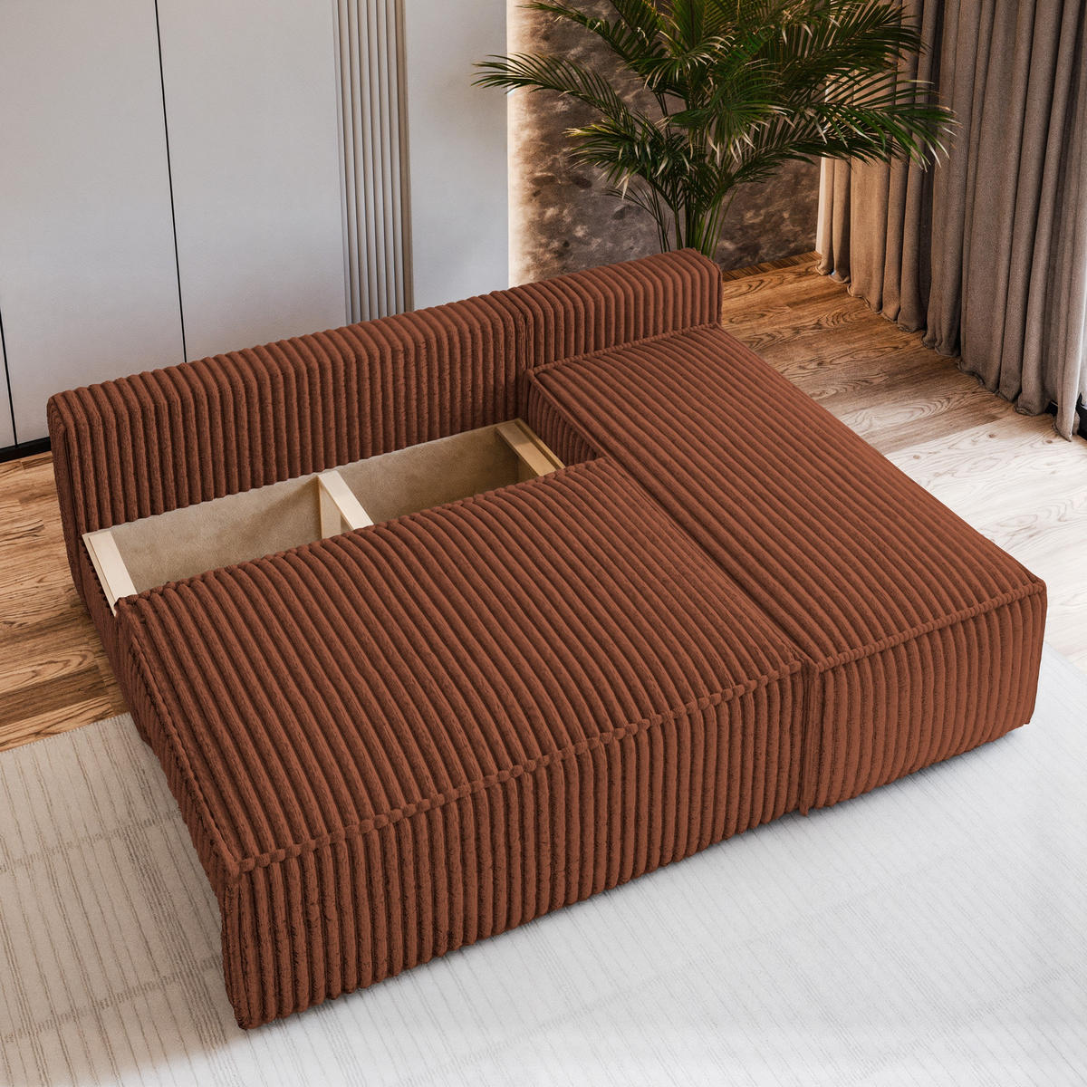 ECKSOFA BRISO T Braun Kordstoff mit Schlaffunktion - Braun, Holz (200/140cm) - MASSENO