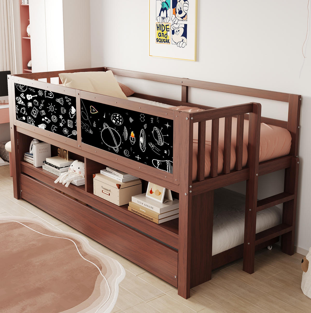 HOCHBETT 90/200 cm mit Ausziehbett, Tafel und offenen Regalfächern aus Holzwerkstoff, Braun - Braun, Holzwerkstoff (90/200cm) - Redom