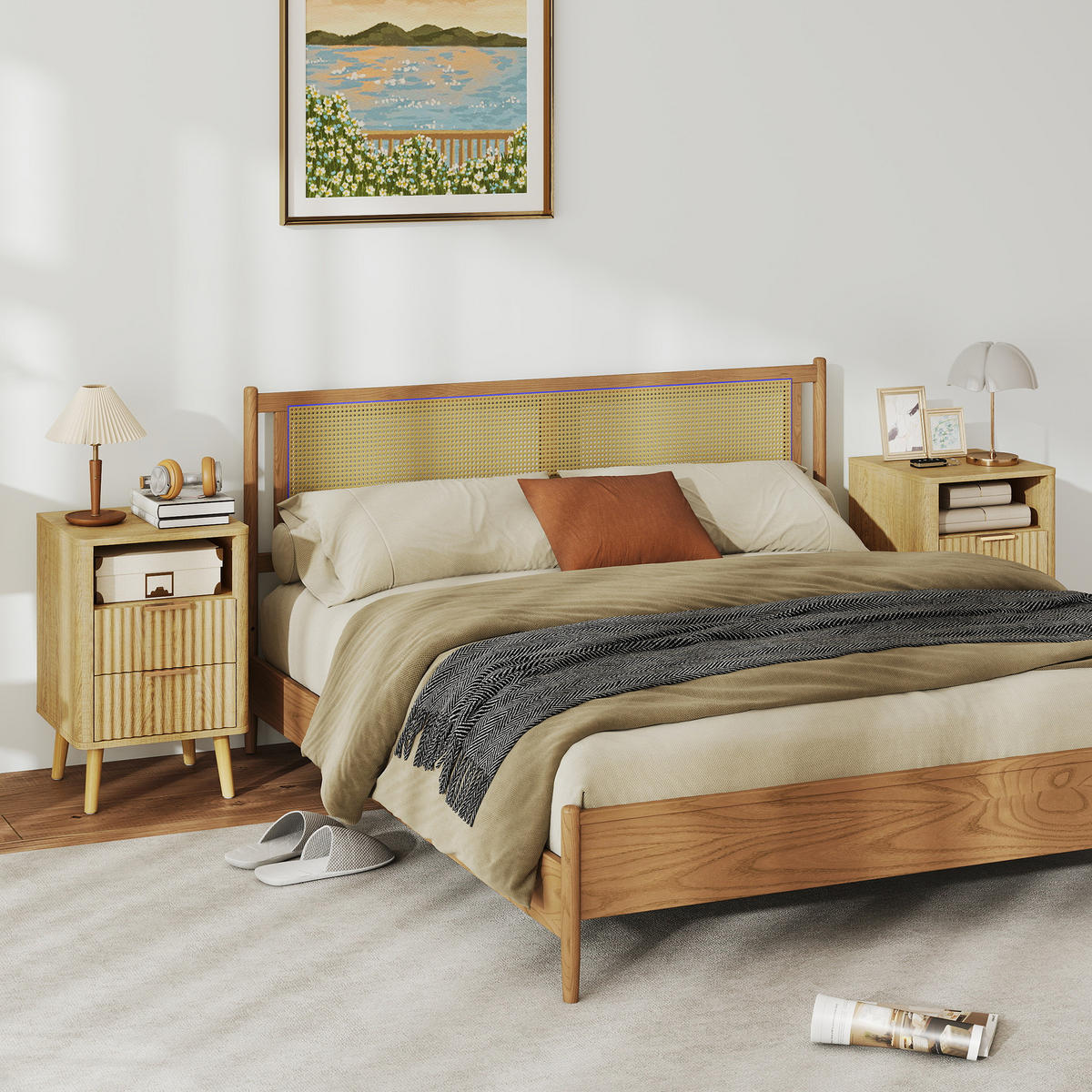 NACHTKOMMODE Eiche MDF und Holz mit 2 Schubladen und offenem Fach 2er-Set - Eichefarben, Holzwerkstoff (40/61/40cm) - PANGIVO