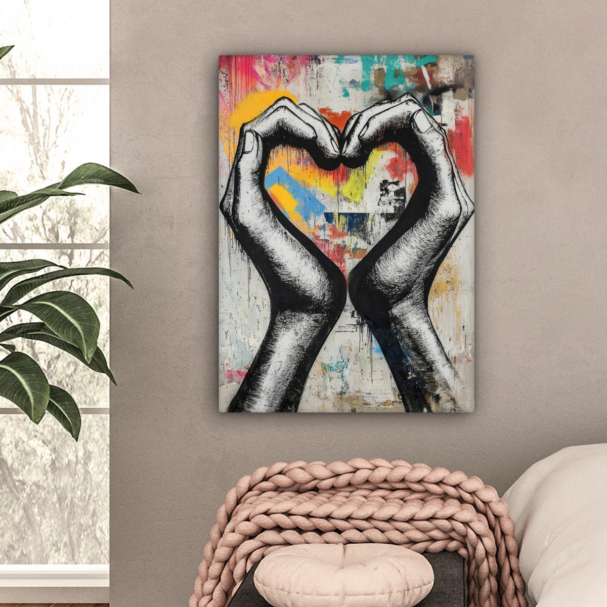 OBRAZ NA PLÁTNE Ruky - Srdce - Street art - Graffiti 60x80 cm - viacfarebná, textil (60/80cm) - MuchoWow
