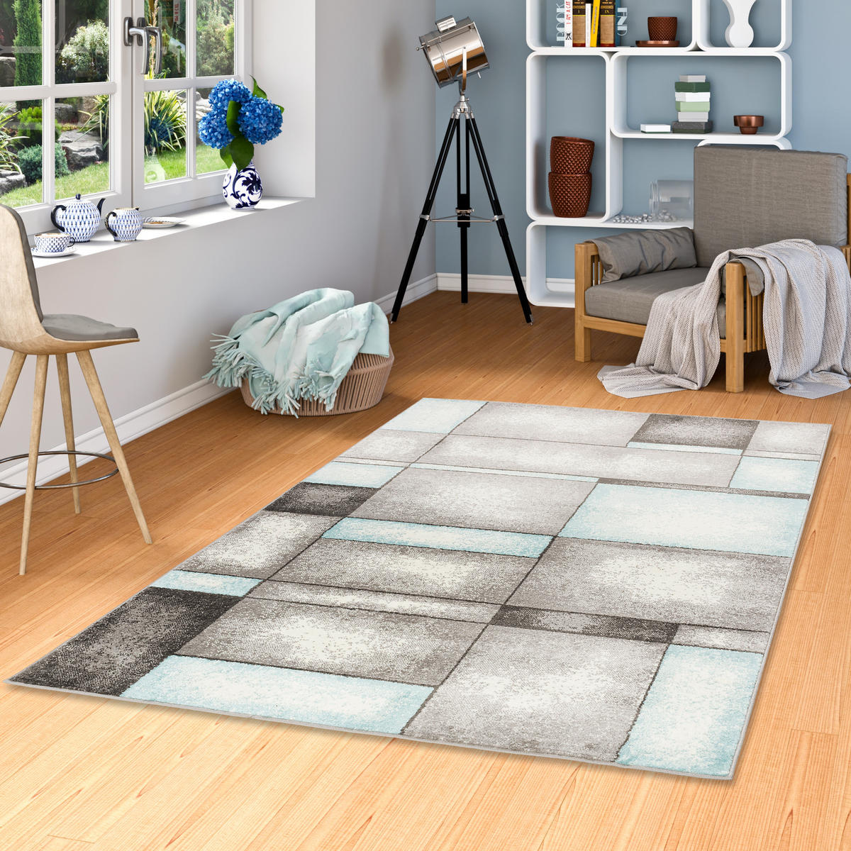 DESIGNER TEPPICH PASTELL IVY GRAU TÜRKIS KARO - Türkis/Grau, Textil (160/230cm) - Pergamon